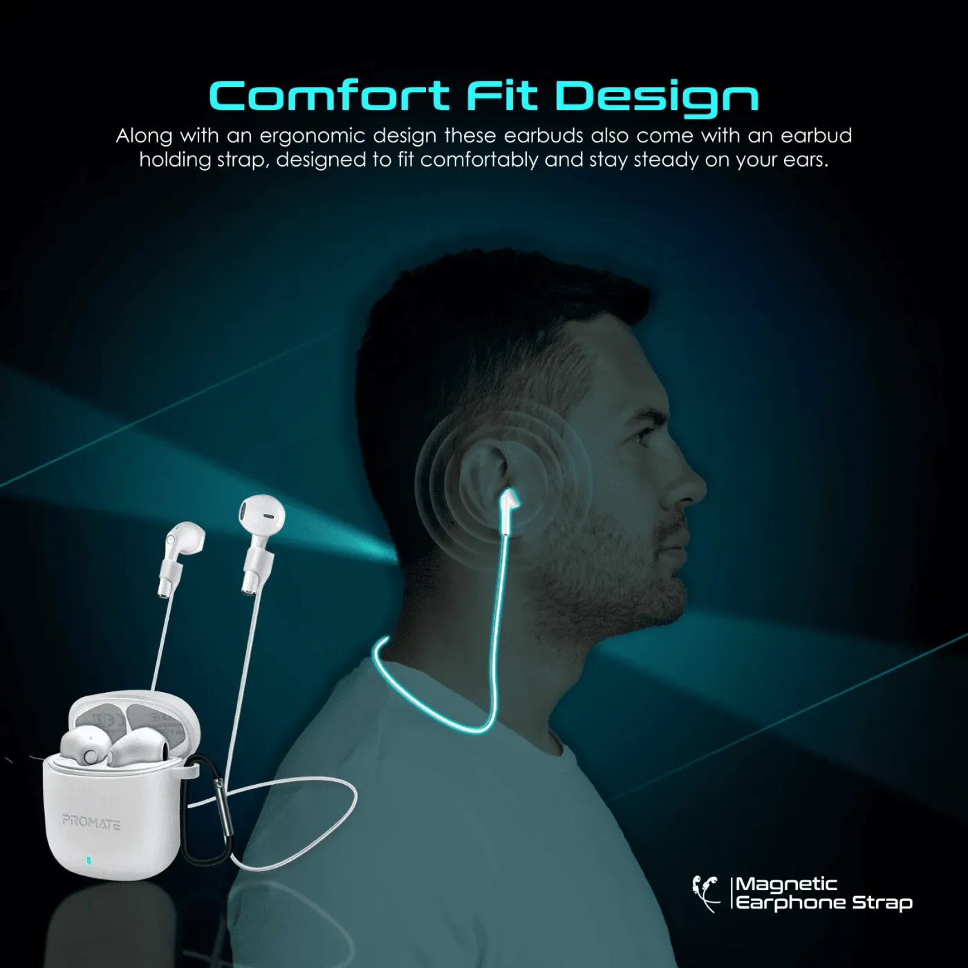 Close view of the white Promate Lima earbuds showing their comfort-fit shape
