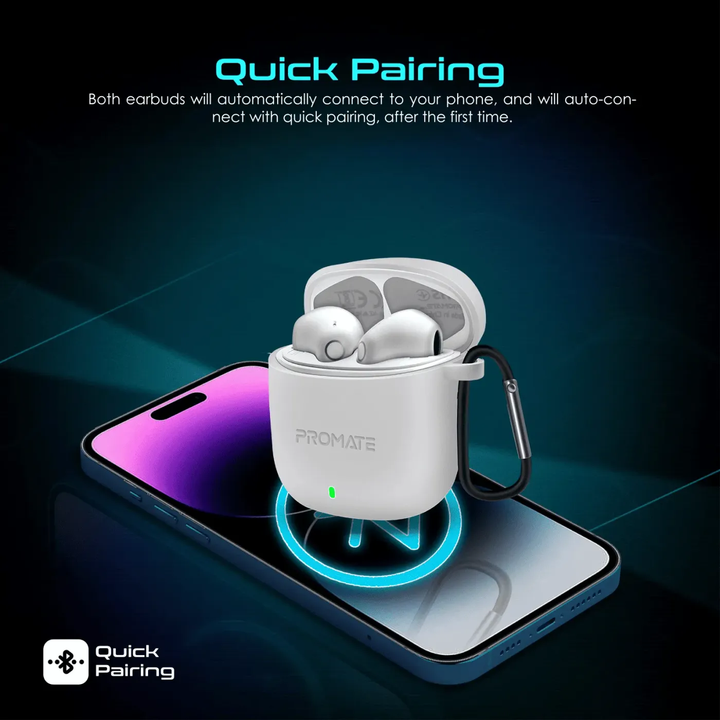 White Promate Lima charging case in its silicone cover next to the magnetic strap