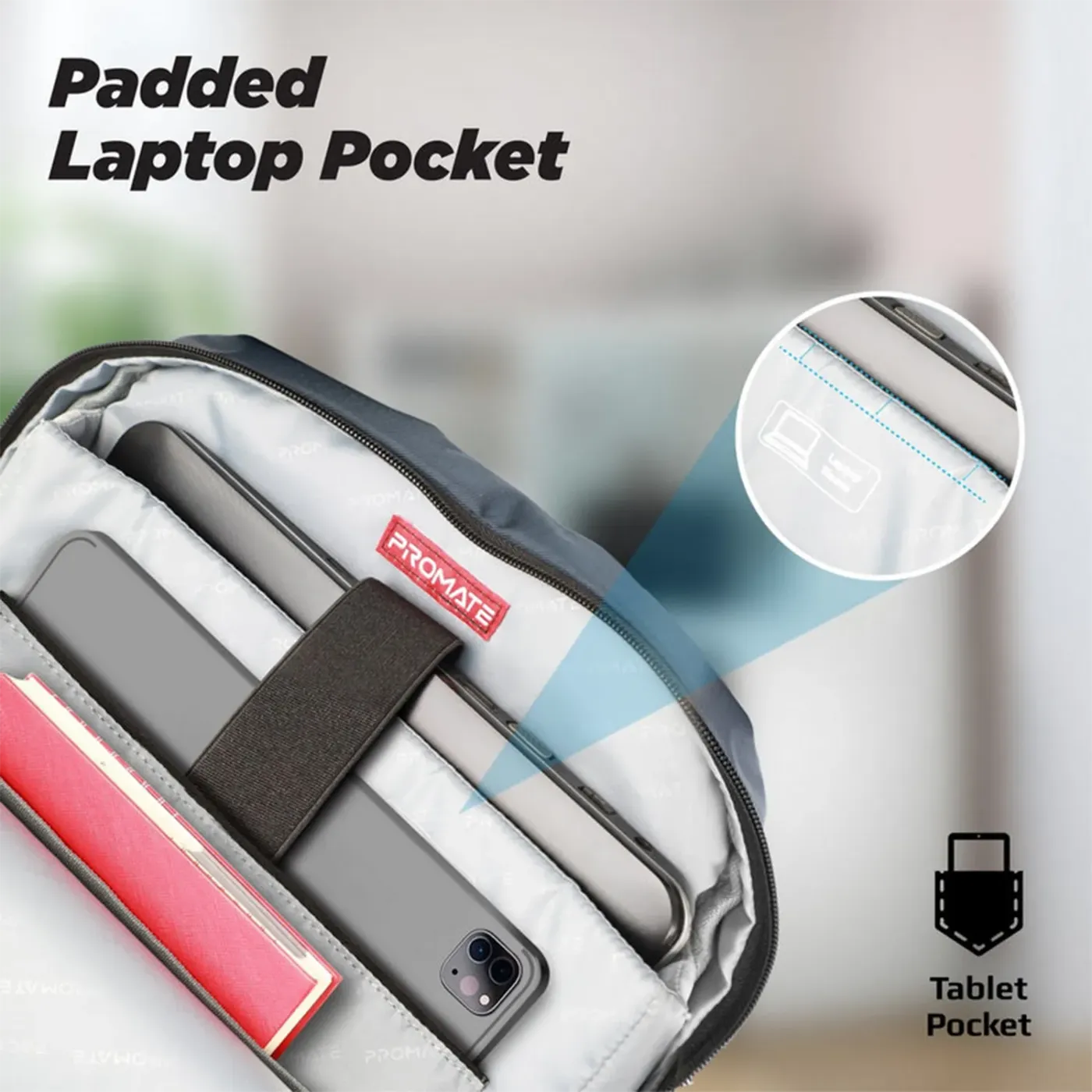 Interior of the Promate Limber-BP backpack showing the laptop sleeve, tablet pocket and main compartment
