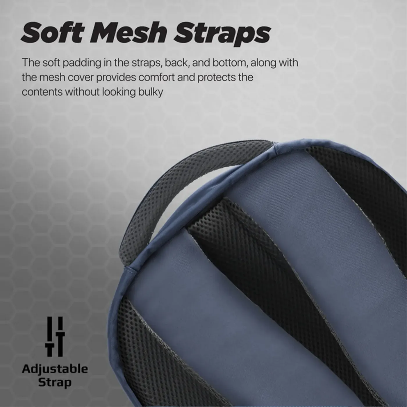 Front view of the Promate Limber-BP backpack showing the zipper compartment, quick-access pocket and mesh shoulder straps