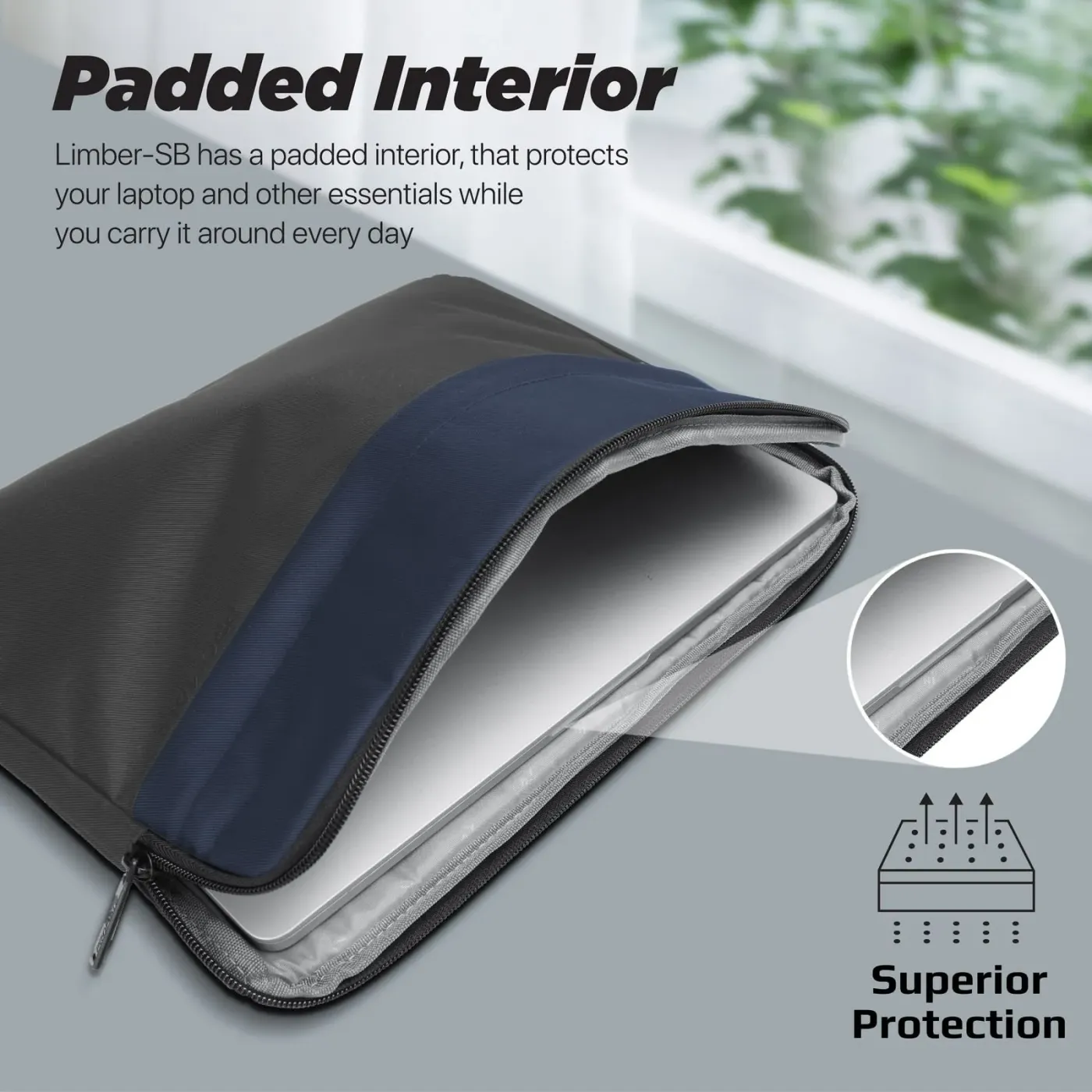 Secure zipper closure running along the edge of the Promate Limber-SB sleeve