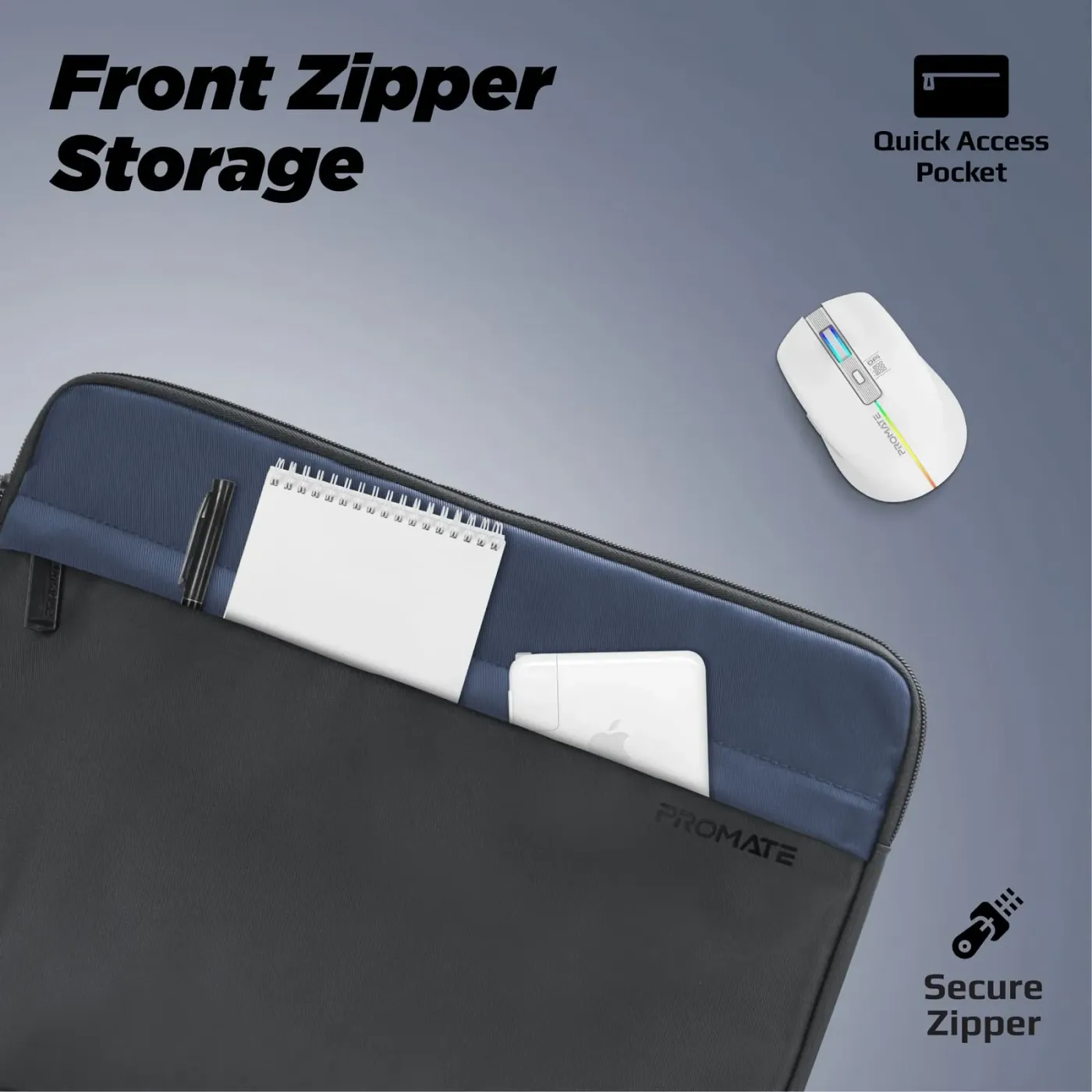Front accessory pocket on the Promate Limber-SB laptop sleeve