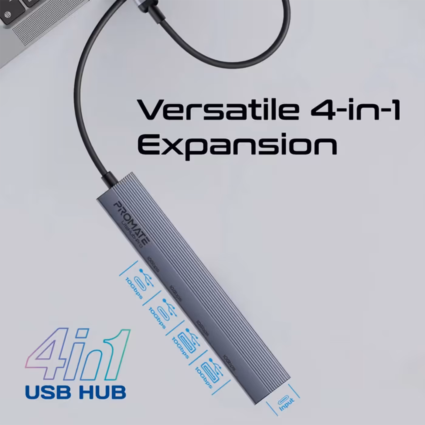 Promate LiteHub-Pro multi-port USB-C data hub showing its four connectivity ports