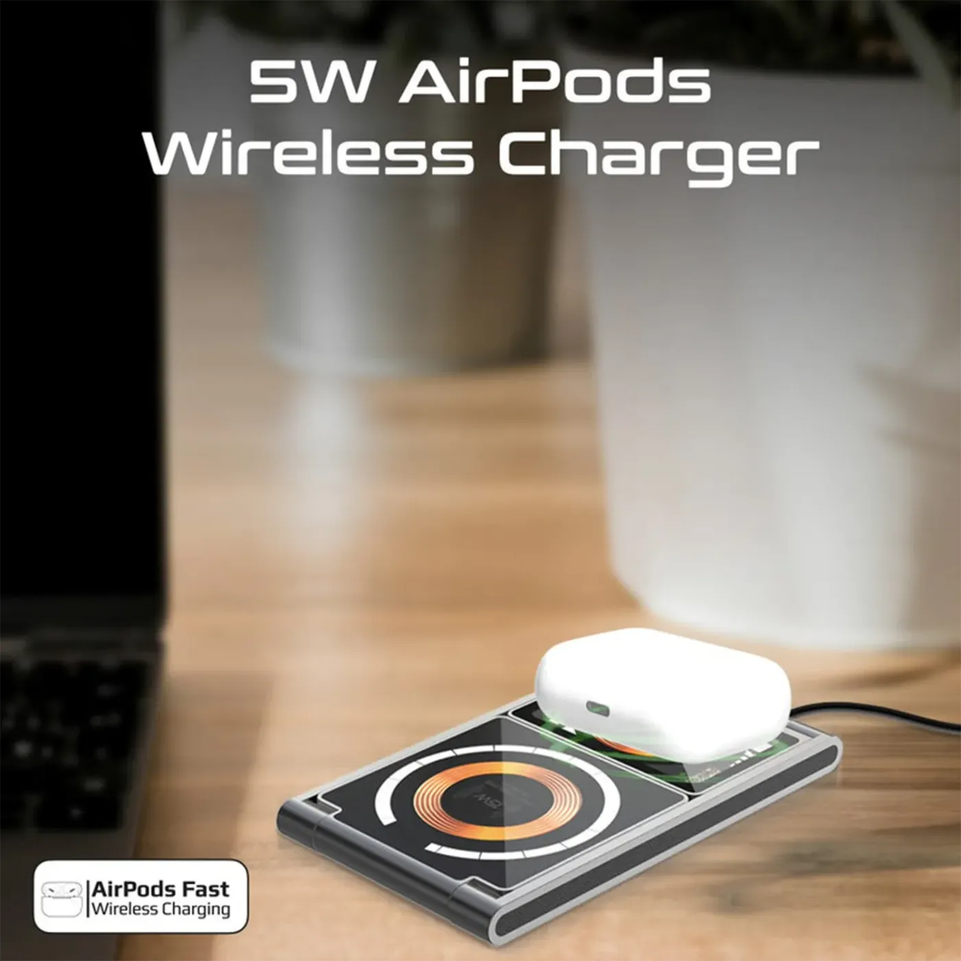AirPods case charging on the dedicated pad of the LucidFold-Trio