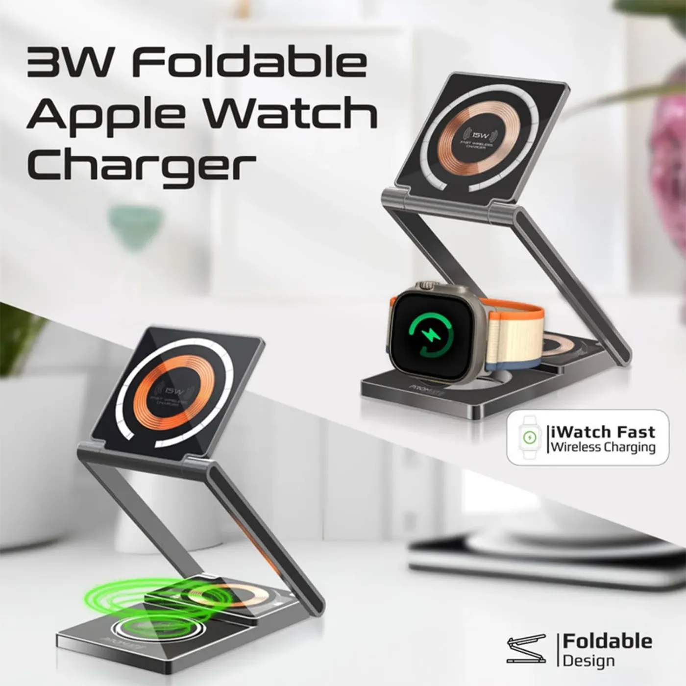 Apple Watch charging on the folding arm of the LucidFold-Trio