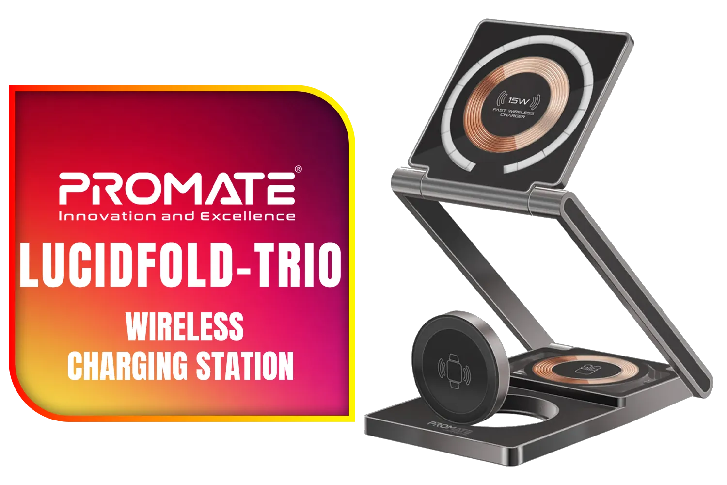 Promate LucidFold-Trio Wireless Charging Station / 3-in-1 Charging Station / 15W - Phone Charger / 5W - AirPods Charger / 3W - Apple Watch Charger / 1.2m Cable / LucidFold-Trio
