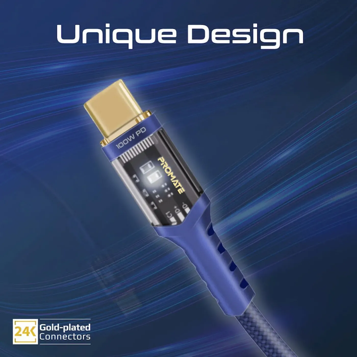 LED light glowing along the navy LucidLine-CC200 cable