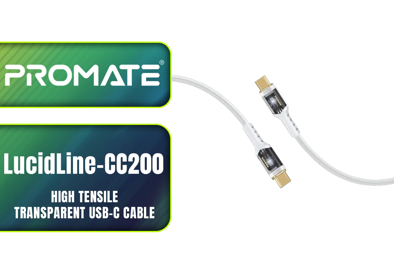 Promate LucidLine-CC200 High Tensile Transparent USB-C Cable with LED Light - White / Lightning-fast 100W Charging / Nylon Braided Exterior / LED lights / Speedy Data Transfers at 480Mbps / LucidLine-CC200.White