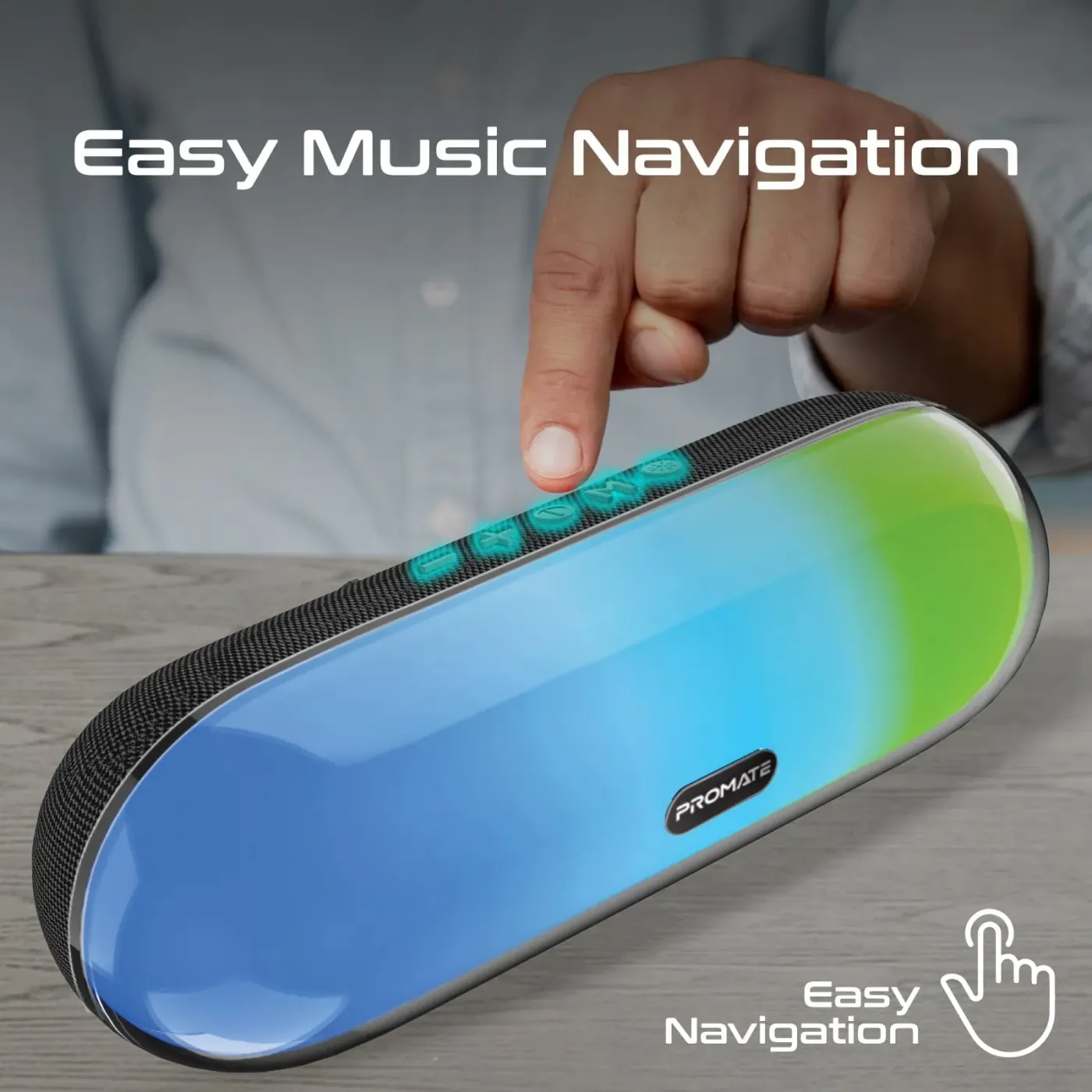 Promate LumiBar speaker with its rainbow RGB lighting active