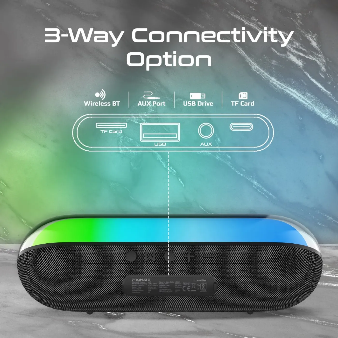 Promate LumiBar speaker connected to a phone over Bluetooth