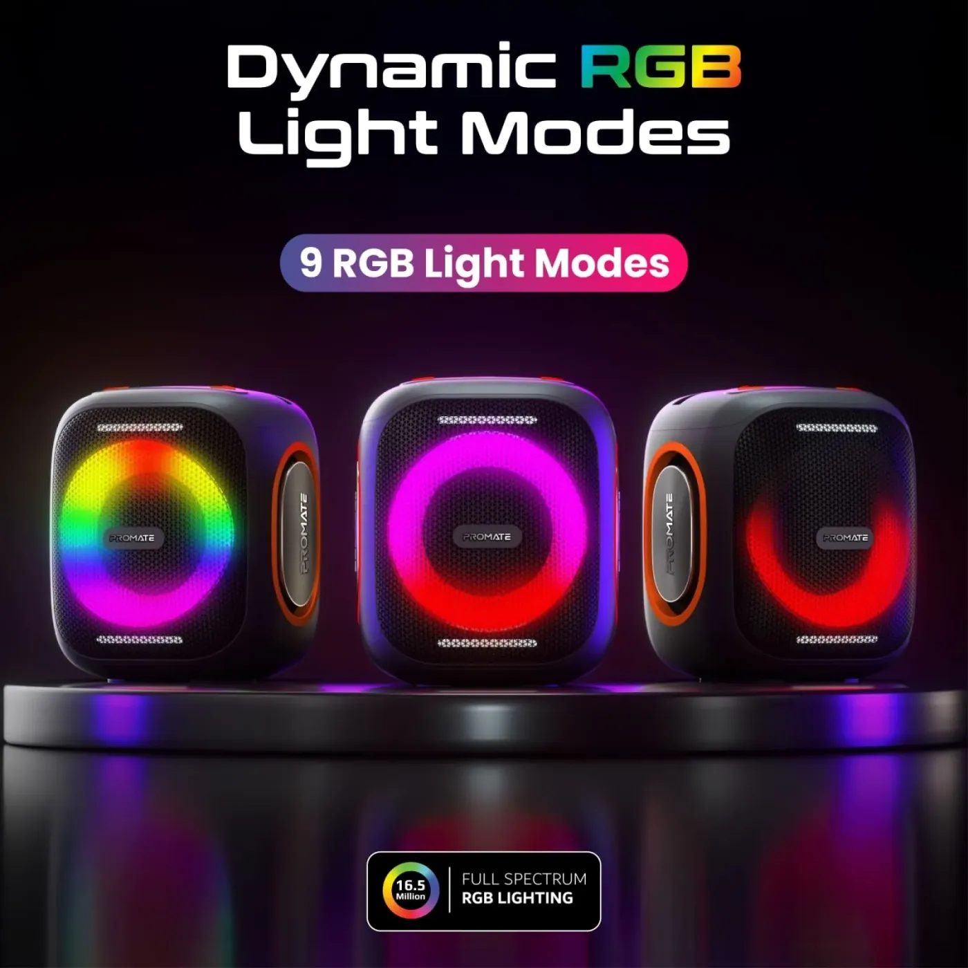 Promate LumiSound HD speaker with its RGB lighting ring illuminated