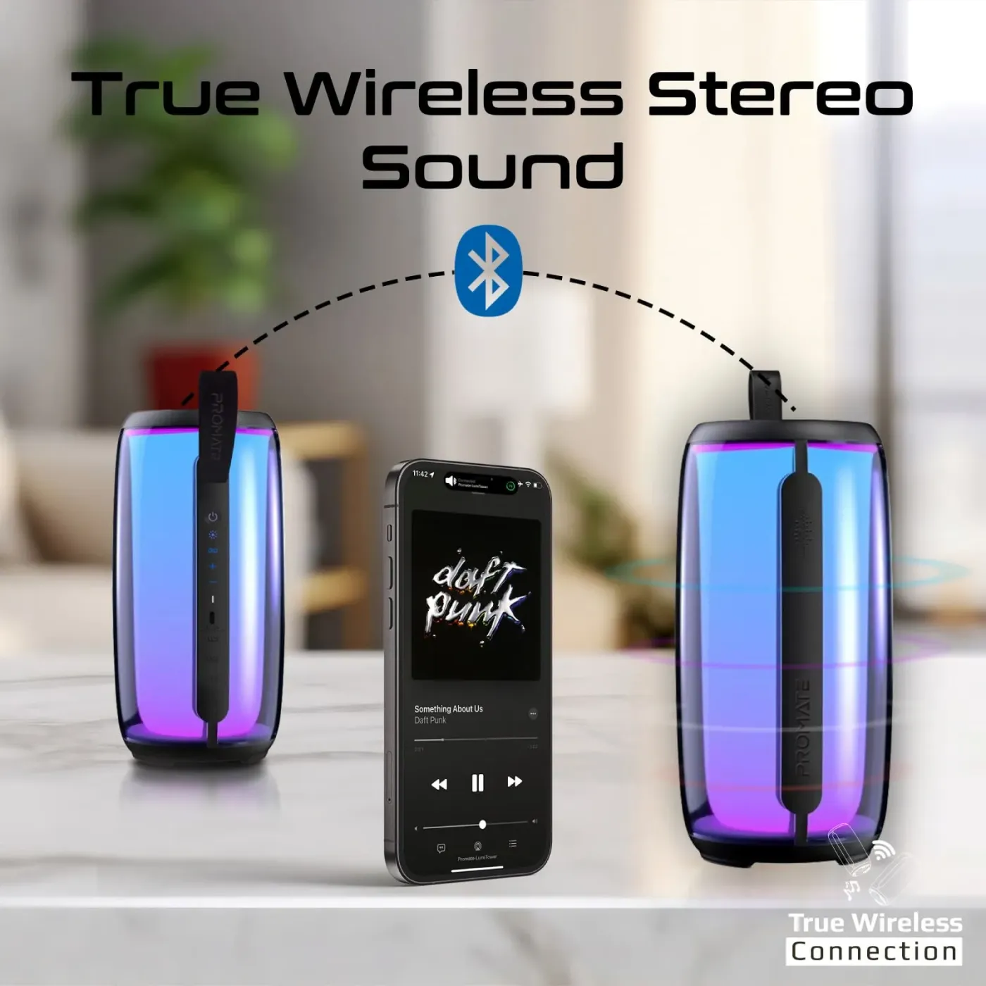 Promate LumiTower portable Bluetooth speaker standing upright