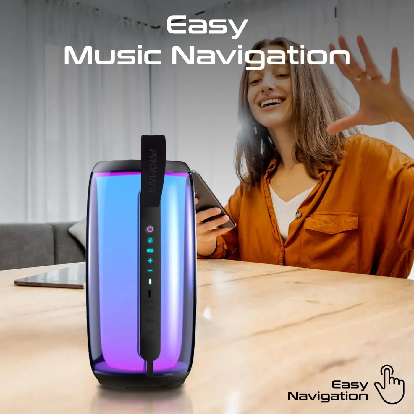 Promate LumiTower speaker with its rainbow RGB lighting illuminated