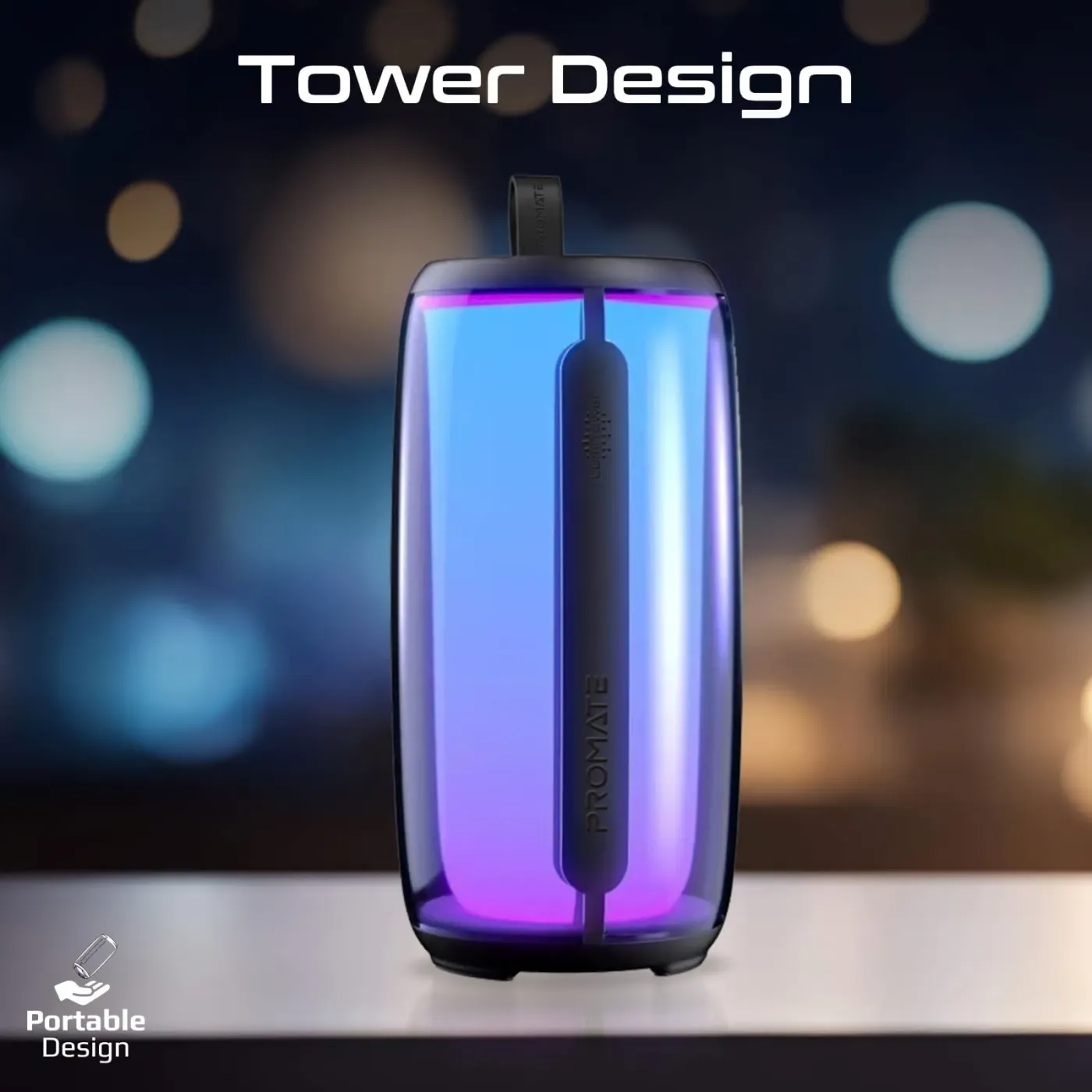 TF card slot and USB port on the base of the Promate LumiTower