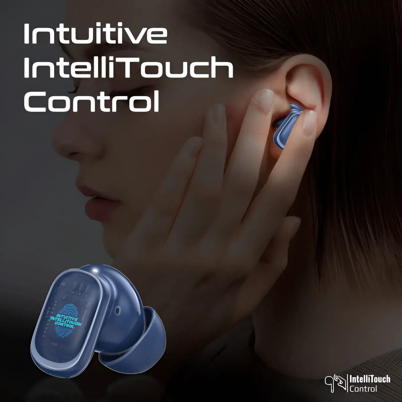 Close view of a single Promate LUSH-PRO earbud in blue