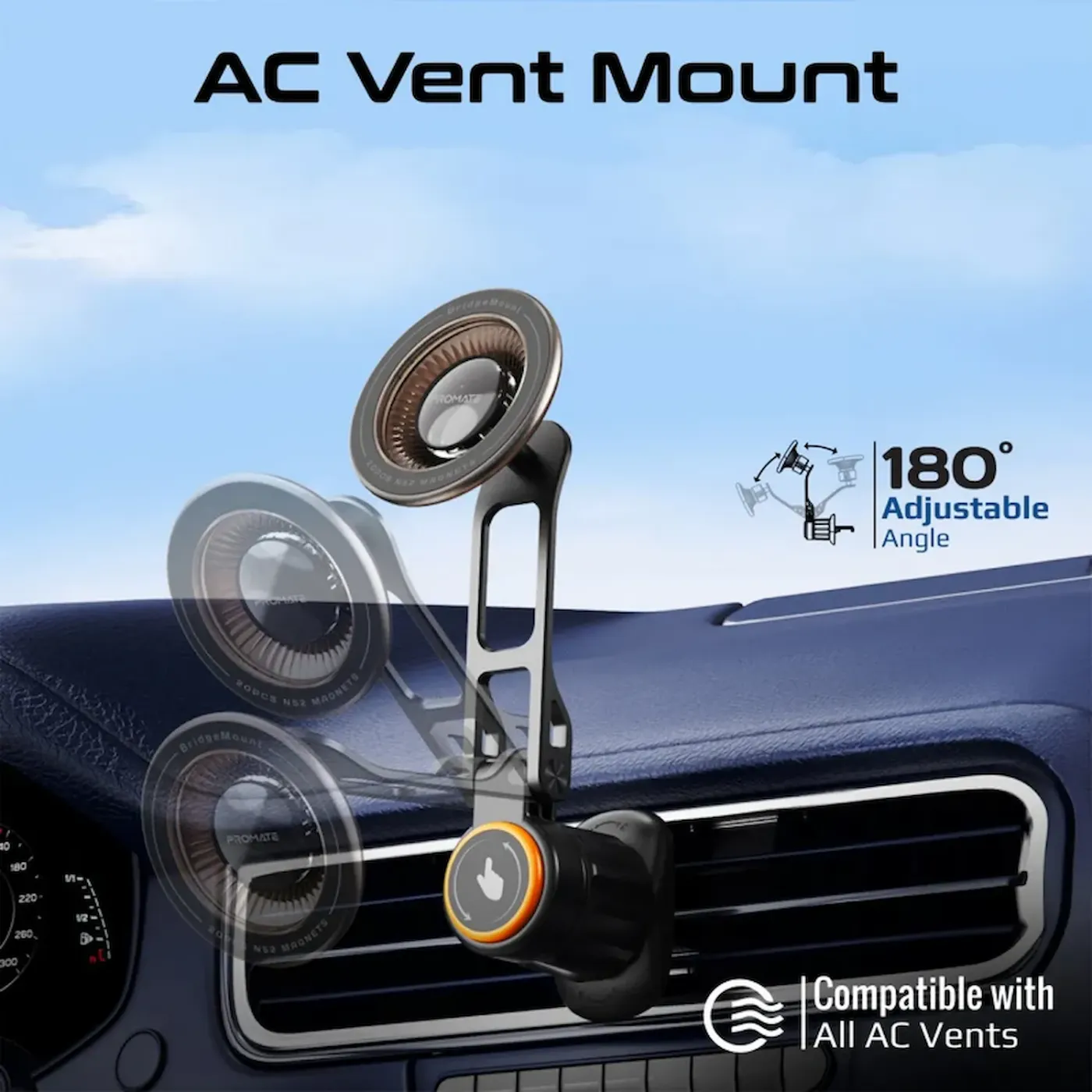 Promate BridgeMount magnetic AC vent phone holder with a phone attached
