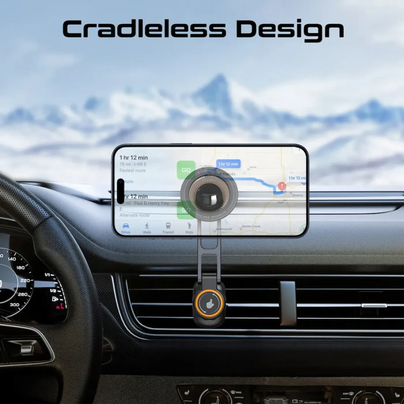 Driver reaching for a phone held on the BridgeMount vent holder
