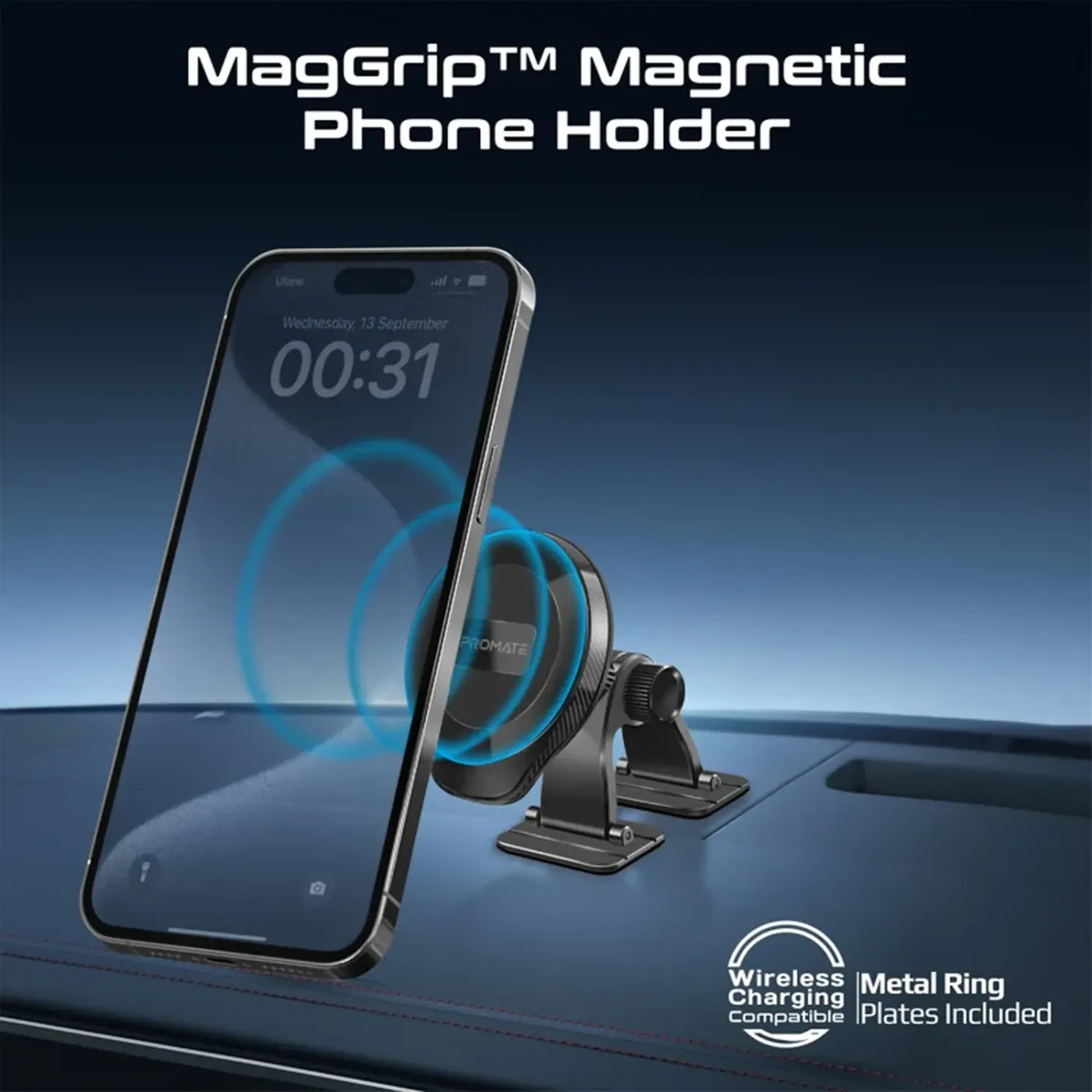 Promate ArcMount magnetic dashboard phone holder with a smartphone attached