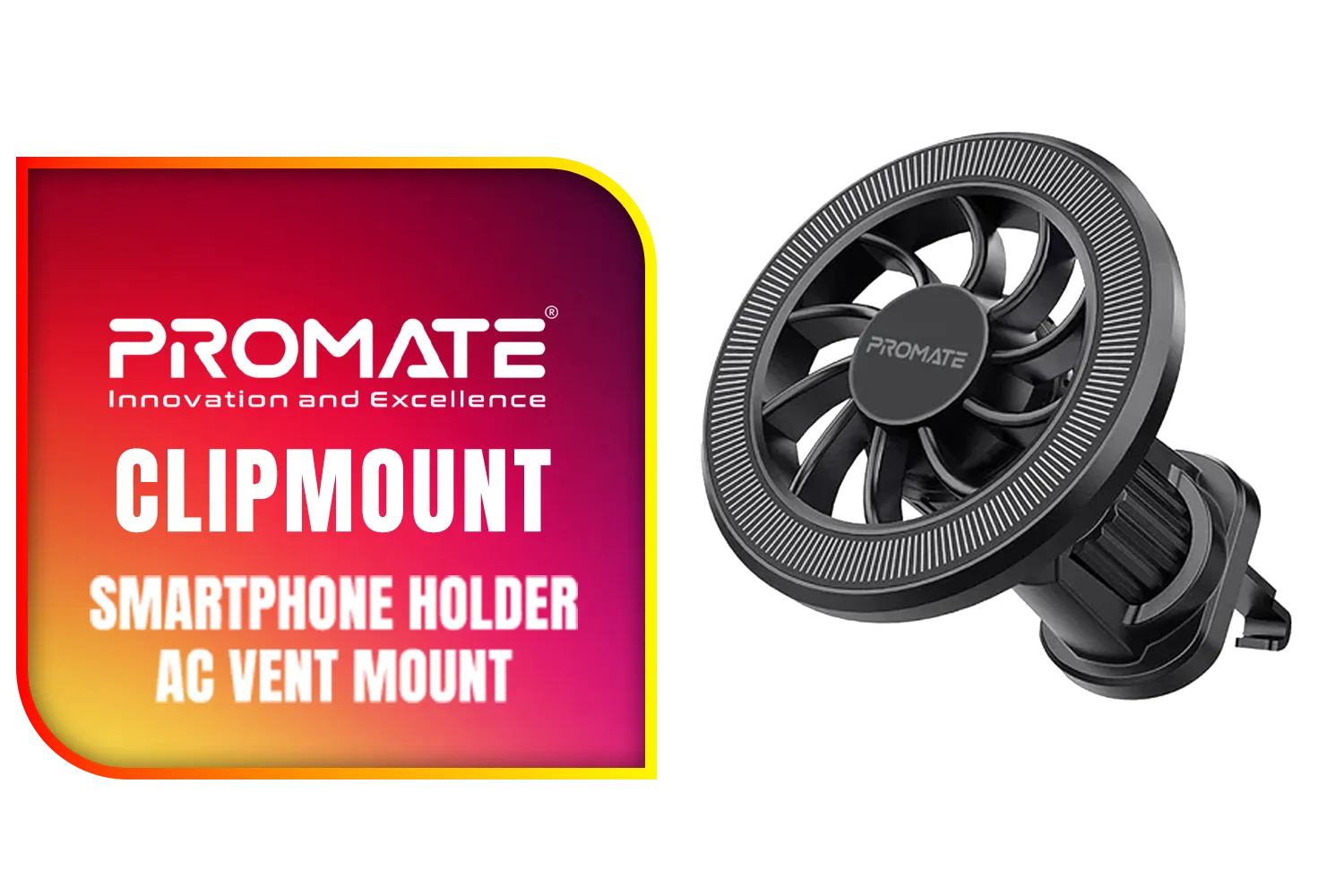 Promate MagGrip™ Cradleless AC Vent Magnetic Smartphone Mount / For Horizontal and Grid Air Vents / N50 Powerful Magnets / Metal Ring Included / ClipMount