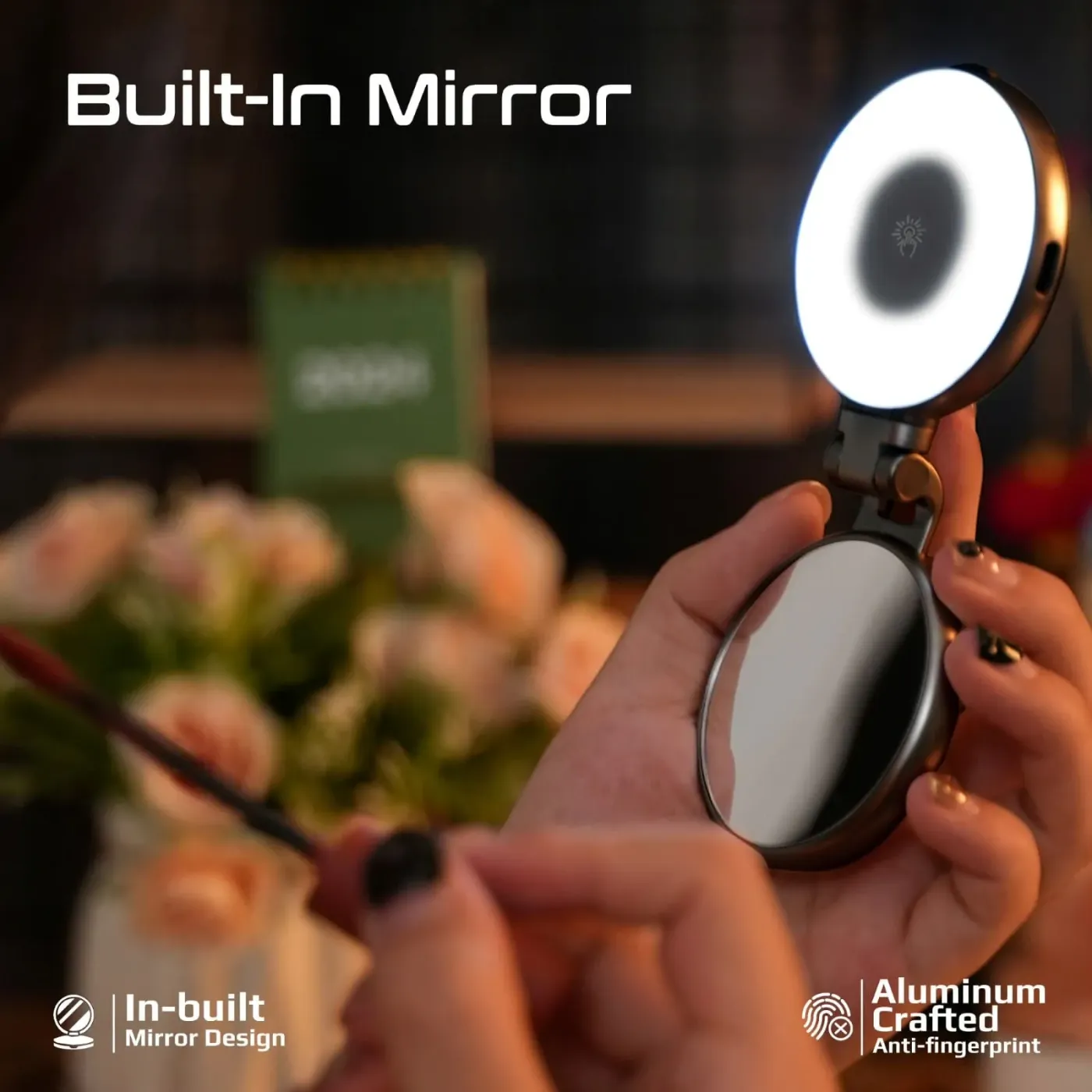 MagHalo-Pro selfie light shown from an alternative angle with the LED panel lit