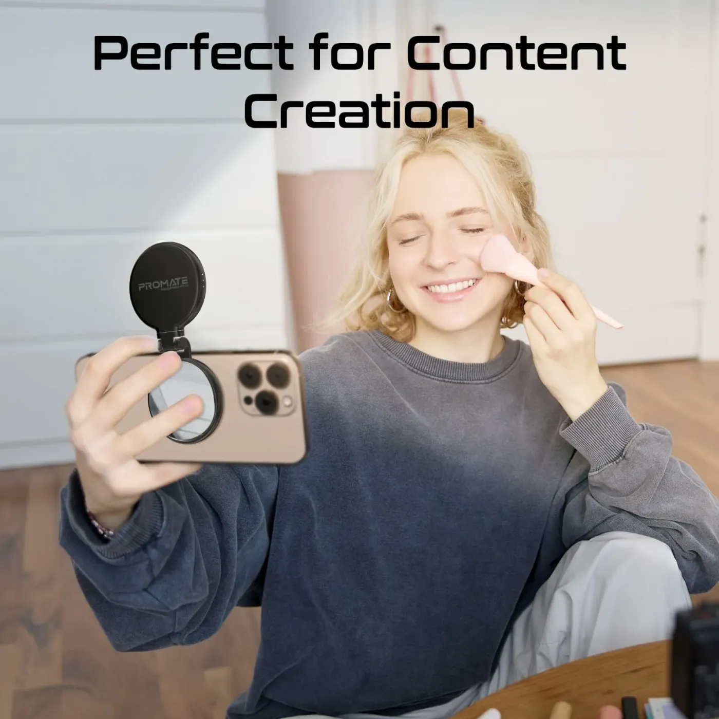 MagHalo-Pro selfie light with its extendable arm raised and charging cable alongside