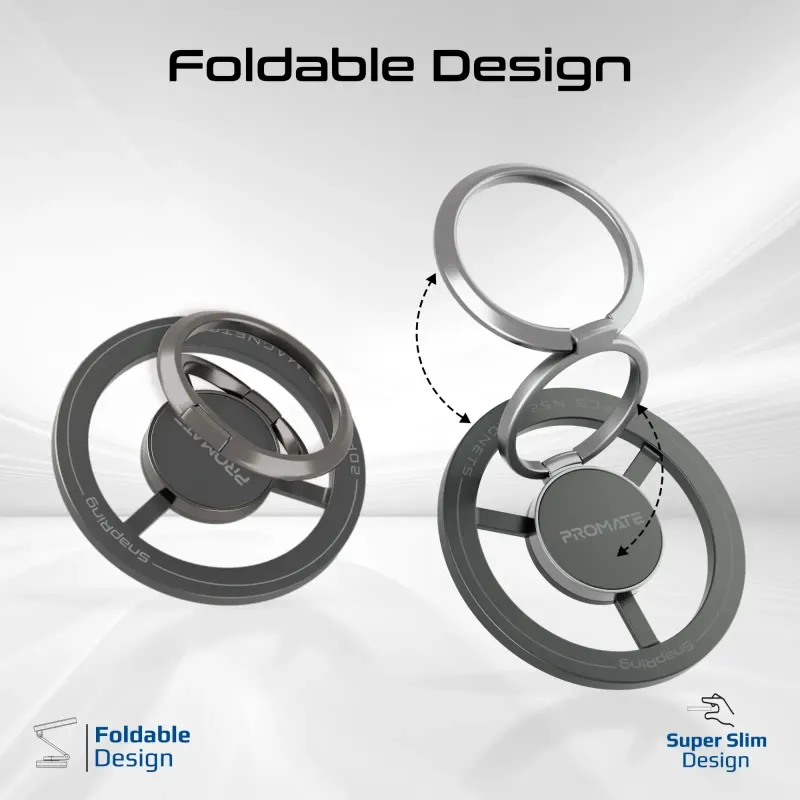 Promate magnetic SnapRing holder attached to the back of a smartphone