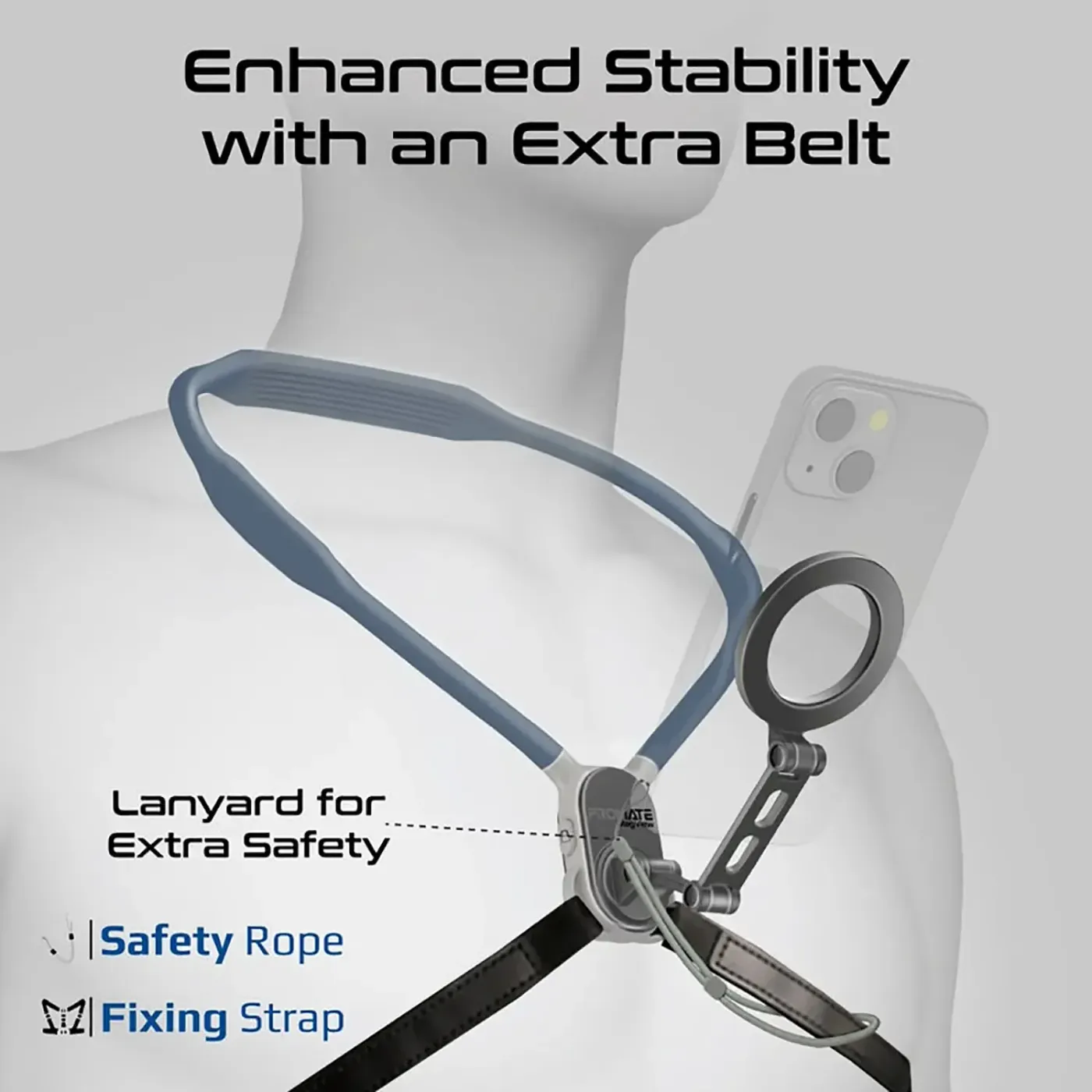 Promate MagView neckband smartphone holder in blue worn around the neck with a phone attached