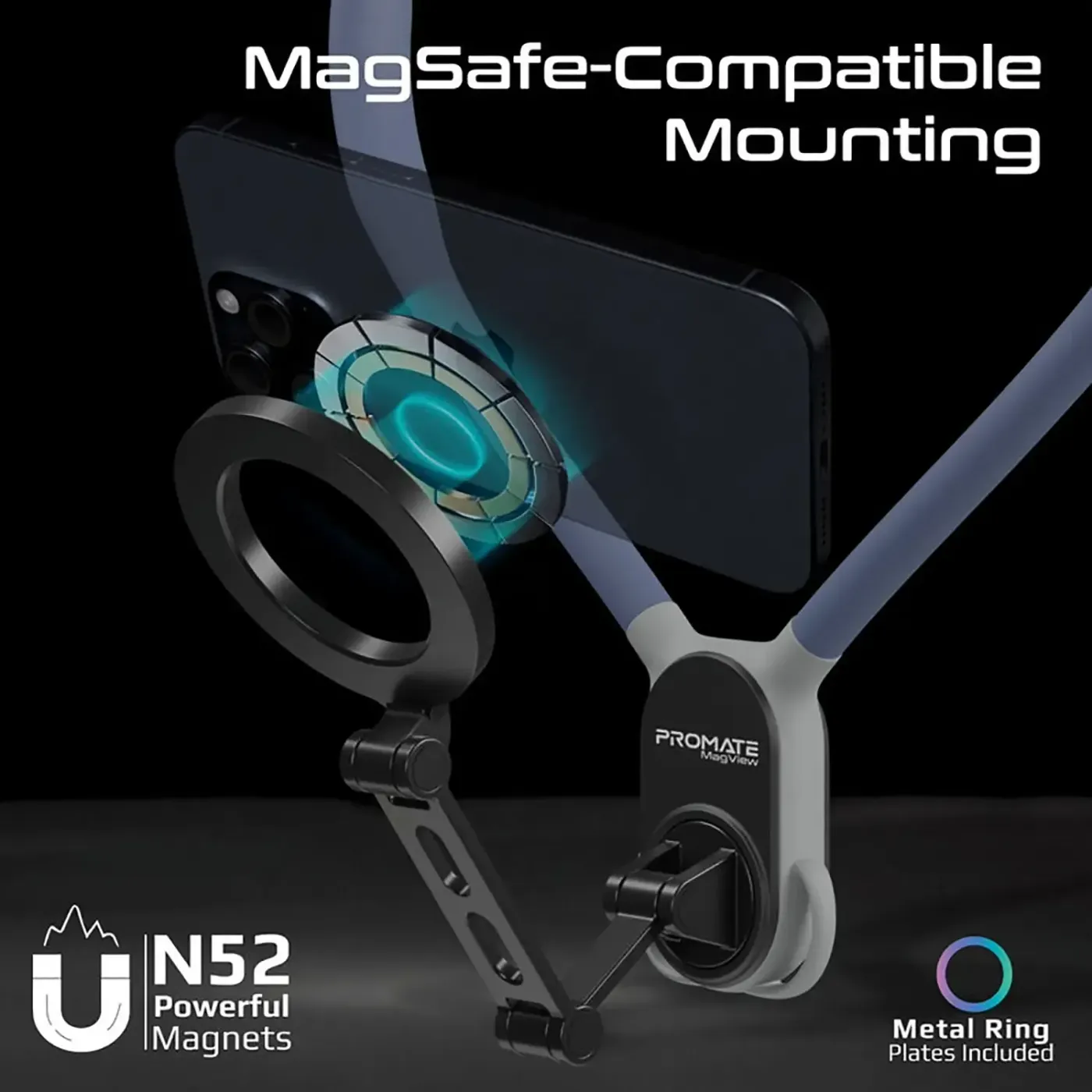 MagView neckband demonstrating its 360-degree rotation with a smartphone mounted