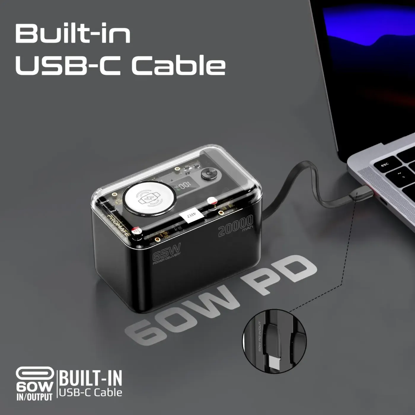 Integrated Lightning cable on the Promate Mavrix-20 connected to an iPhone