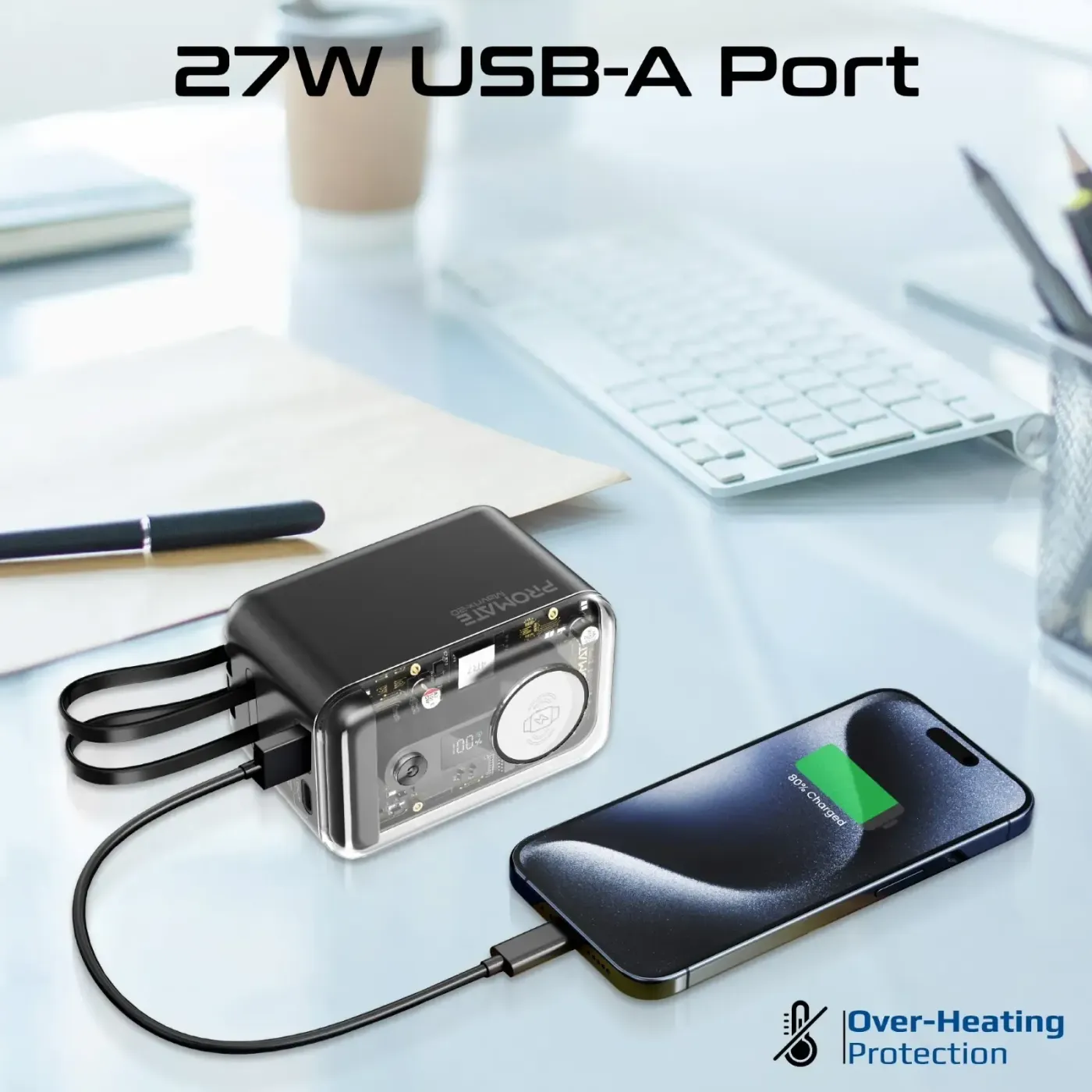 Port array on the Promate Mavrix-20 showing the 65W USB-C input and output