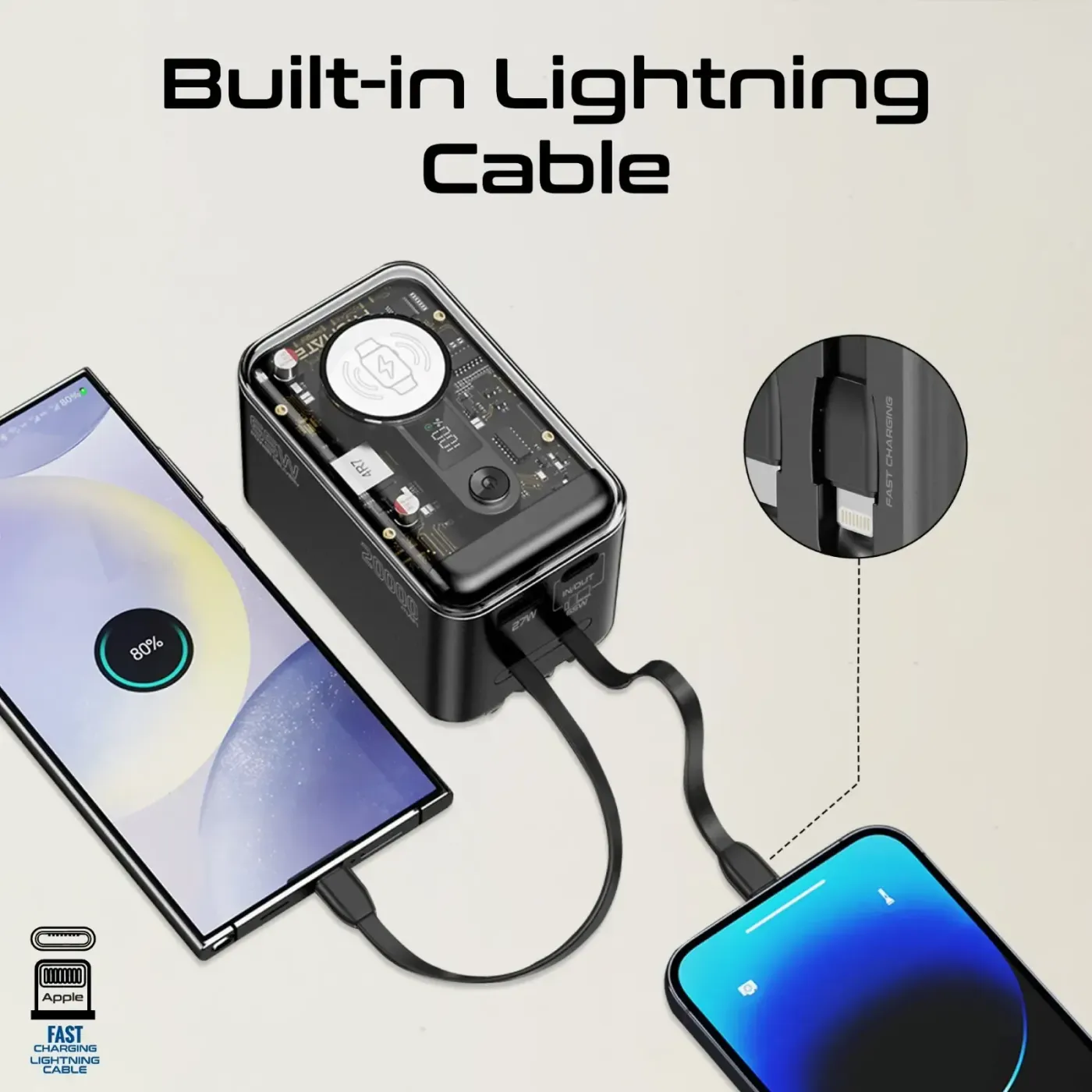 LED battery status display glowing on the front of the Mavrix-20 power bank