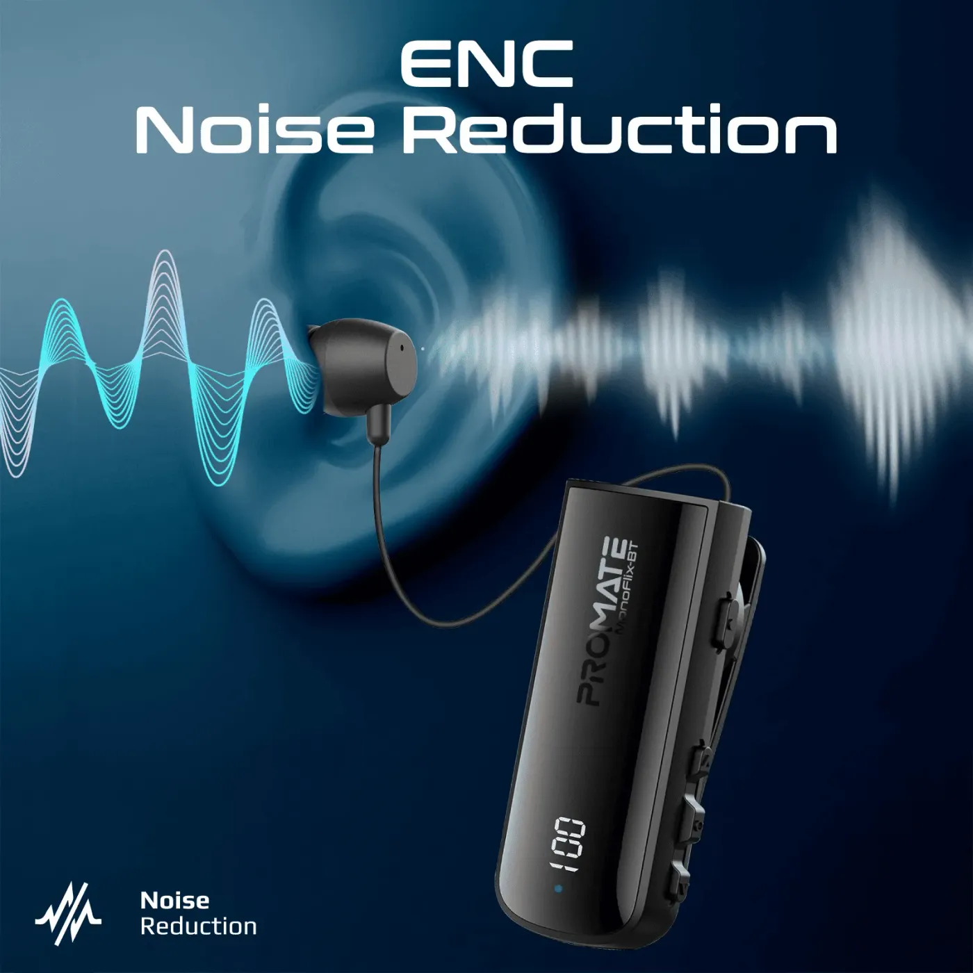 Feature view of the Promate MonoFlix-BT earphone microphone and housing