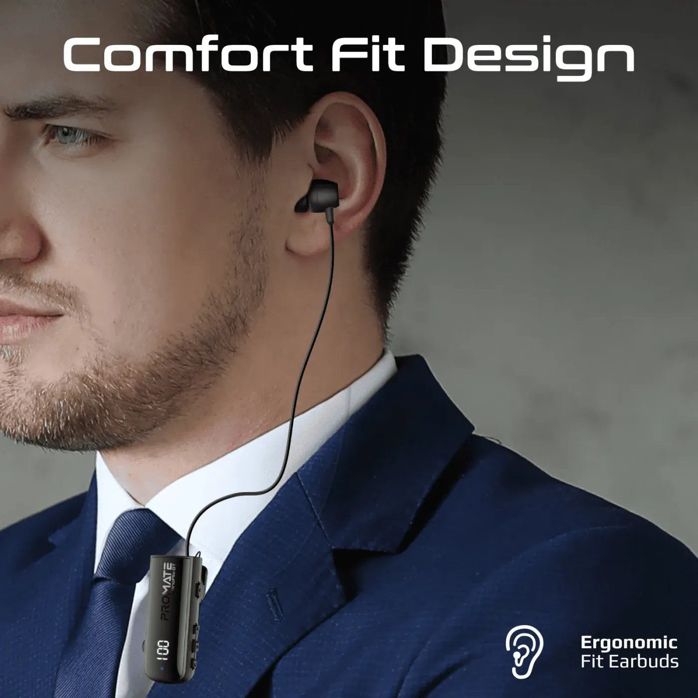 Rear view of the Promate MonoFlix-BT earphone showing its ergonomic shape