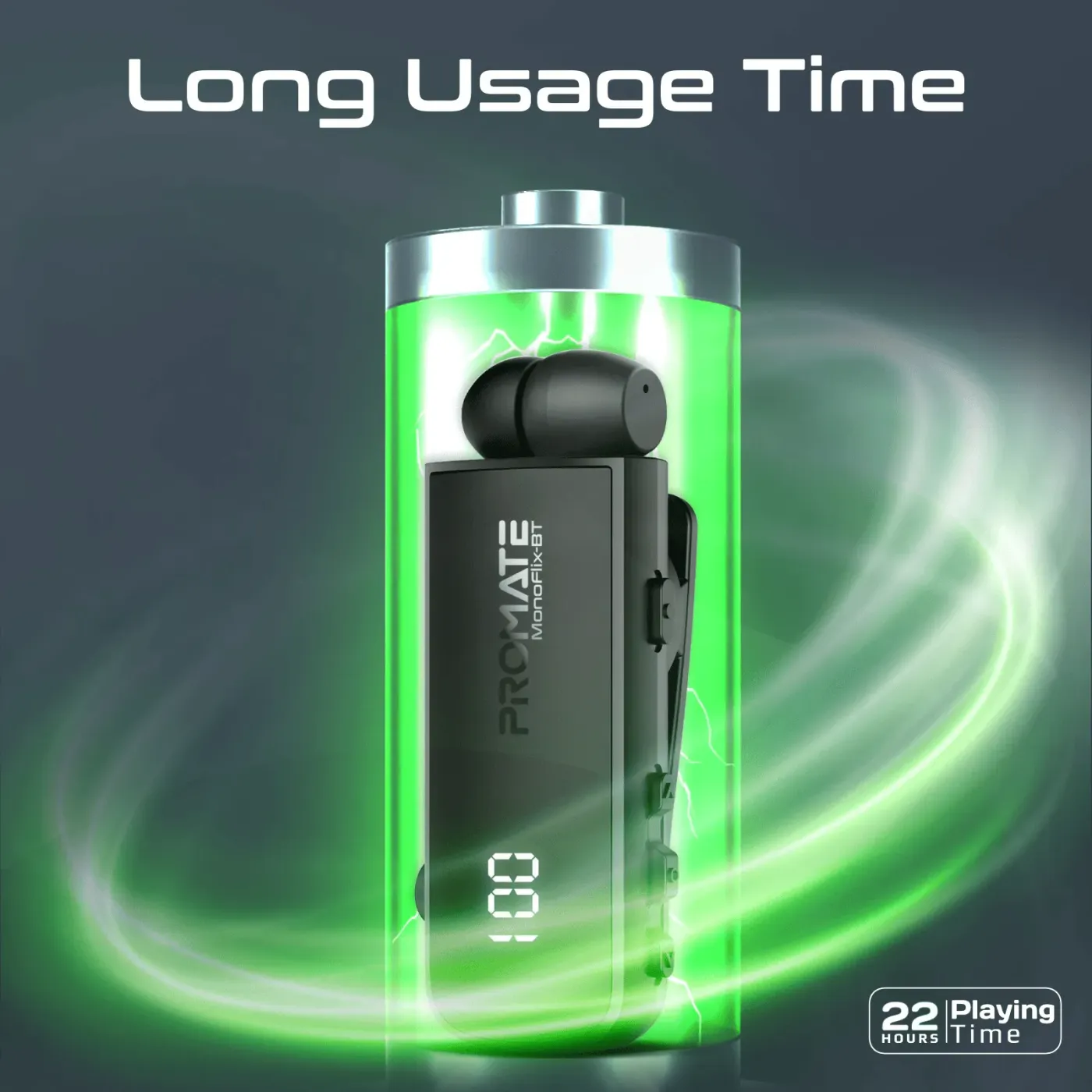 Promate MonoFlix-BT with its LED battery indicator screen visible