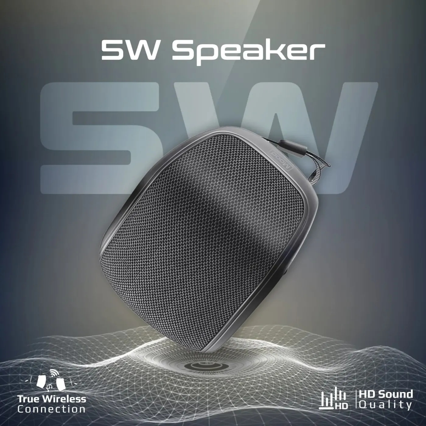Portable Promate Mood Bluetooth speaker showing high-fidelity wireless audio capabilities