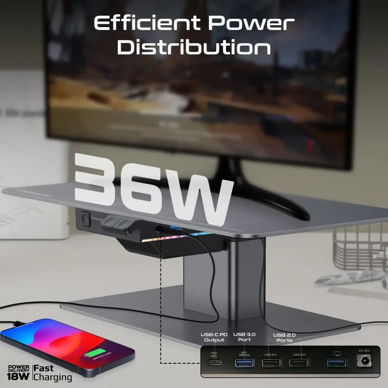 Promate Raizer motorised monitor and laptop stand holding a display at raised height