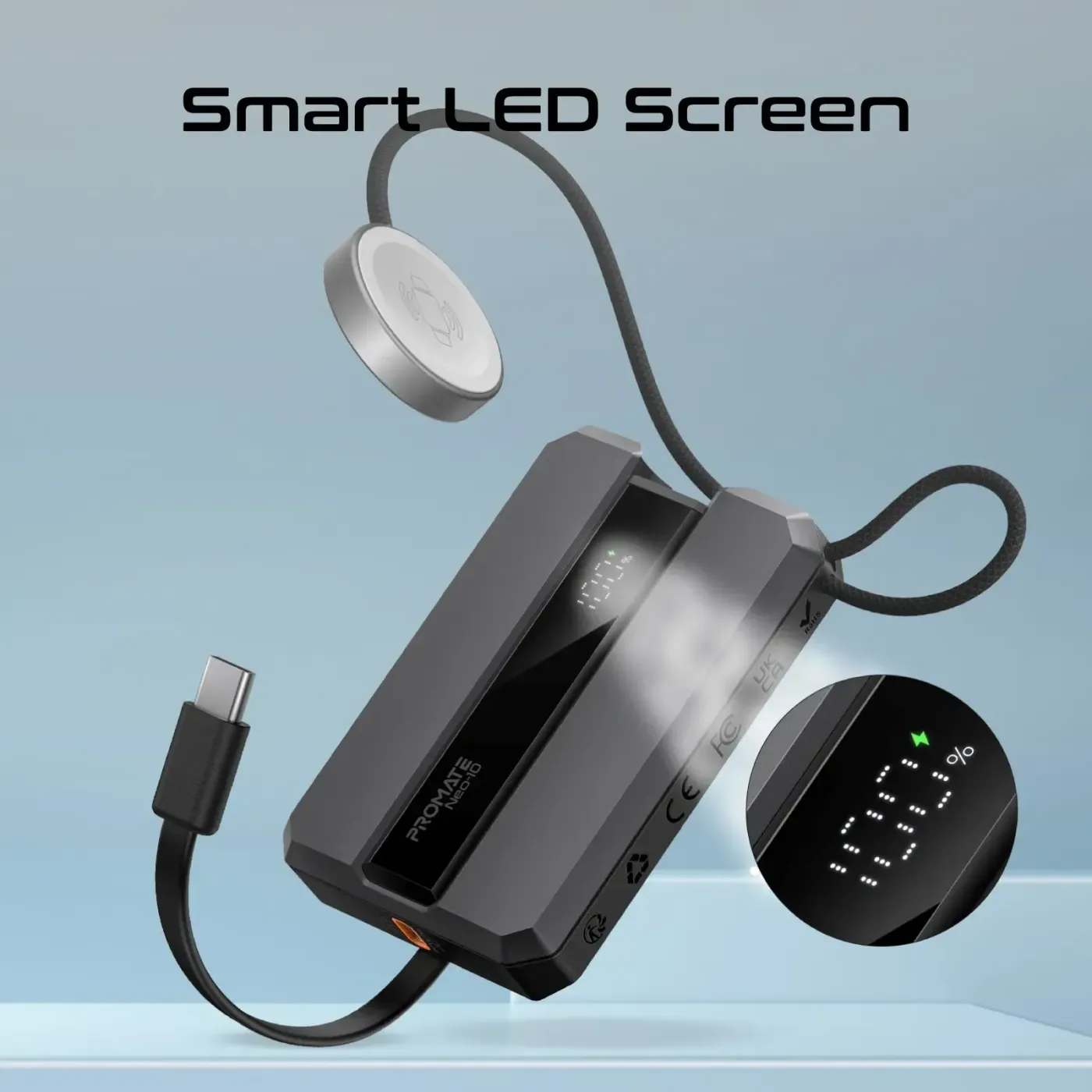 Promate Neo-10 power bank shown from the side highlighting its battery housing