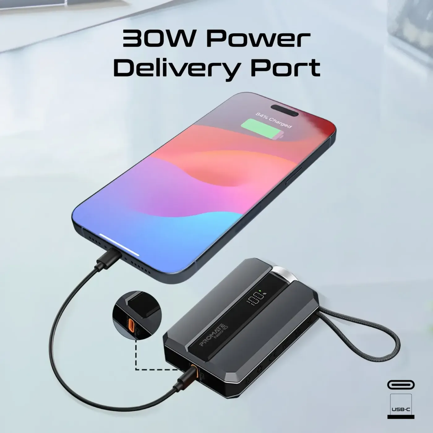 The Neo-10's built-in 30W USB-C cable extended from its housing