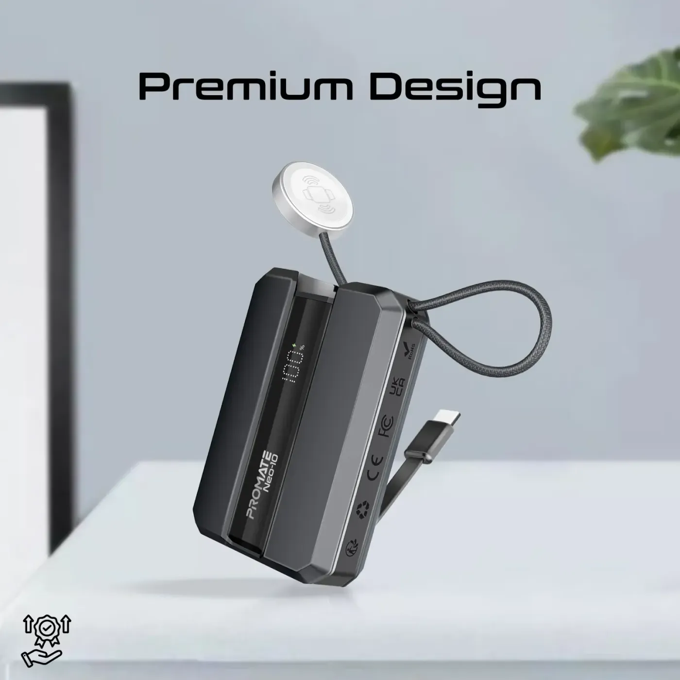 Apple Watch charging module on its braided cable extended from the Neo-10