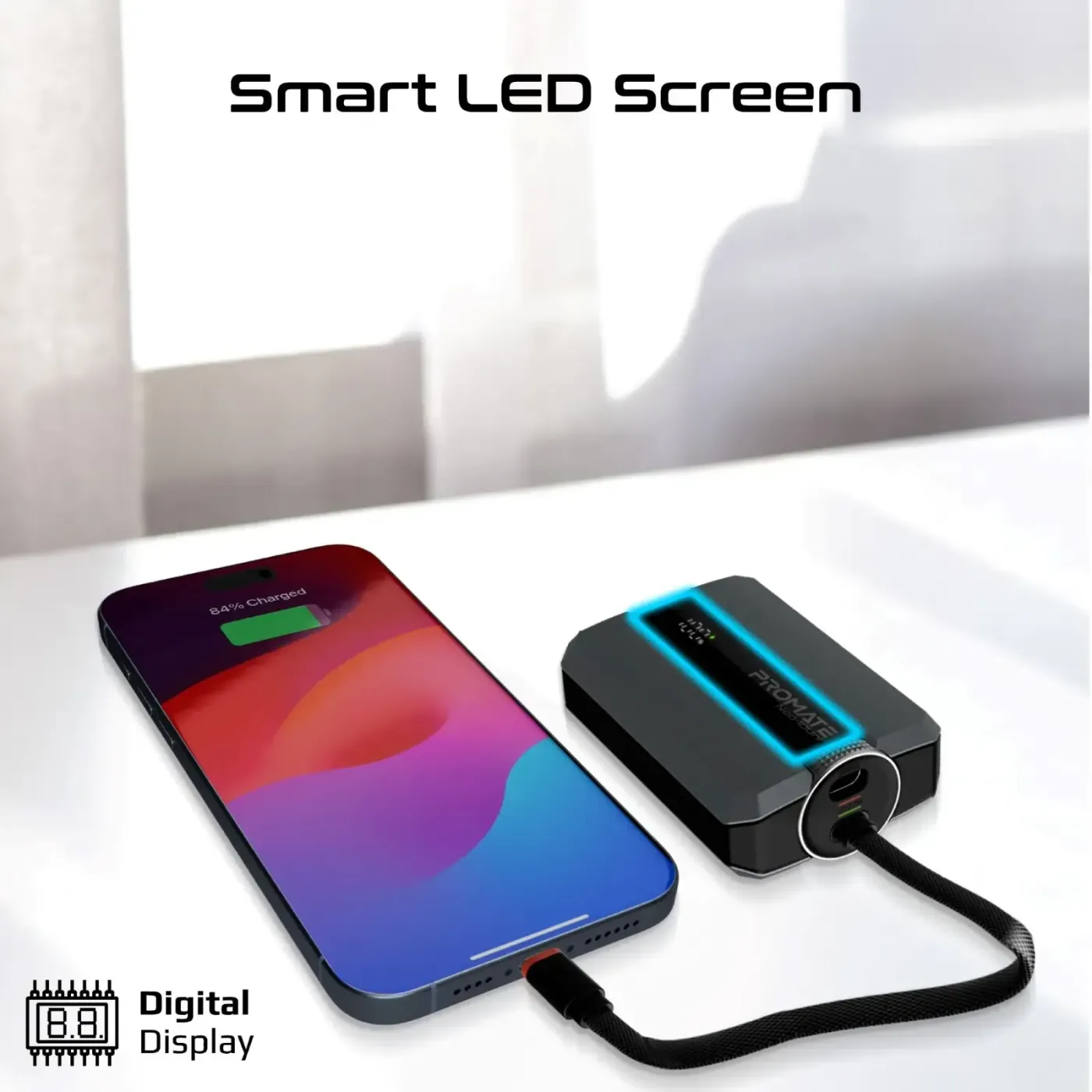 Front face of the grey Promate Neo-10Uni power bank