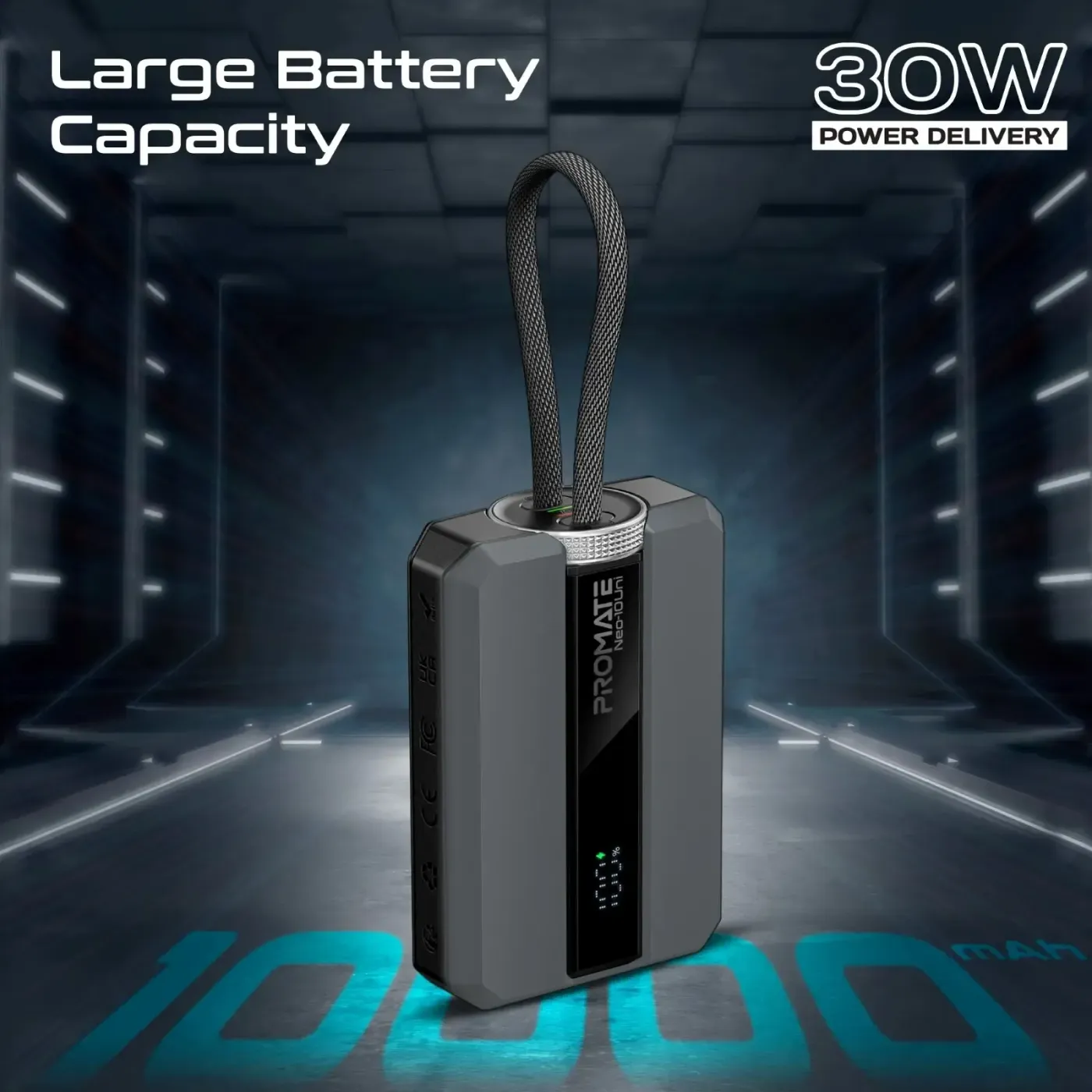Ports and LED battery indicator on the Promate Neo-10Uni power bank