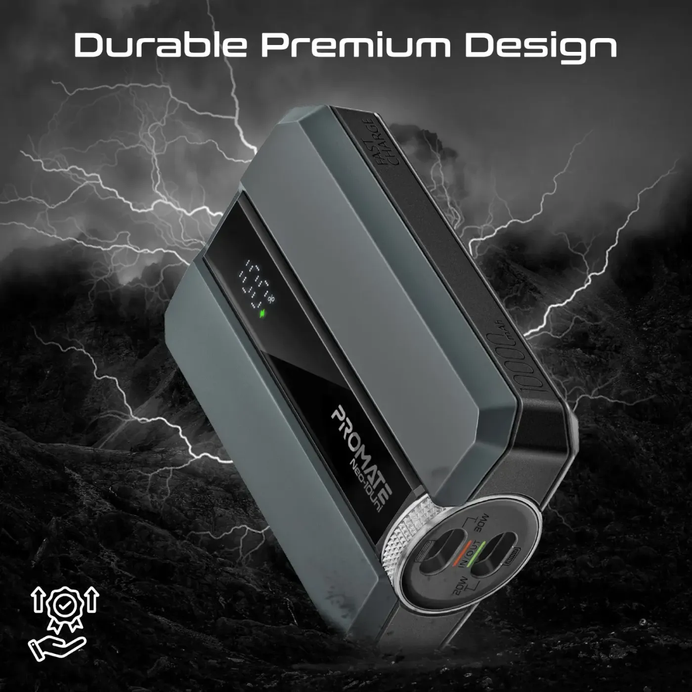 Grey PC and ABS casing of the Promate Neo-10Uni power bank