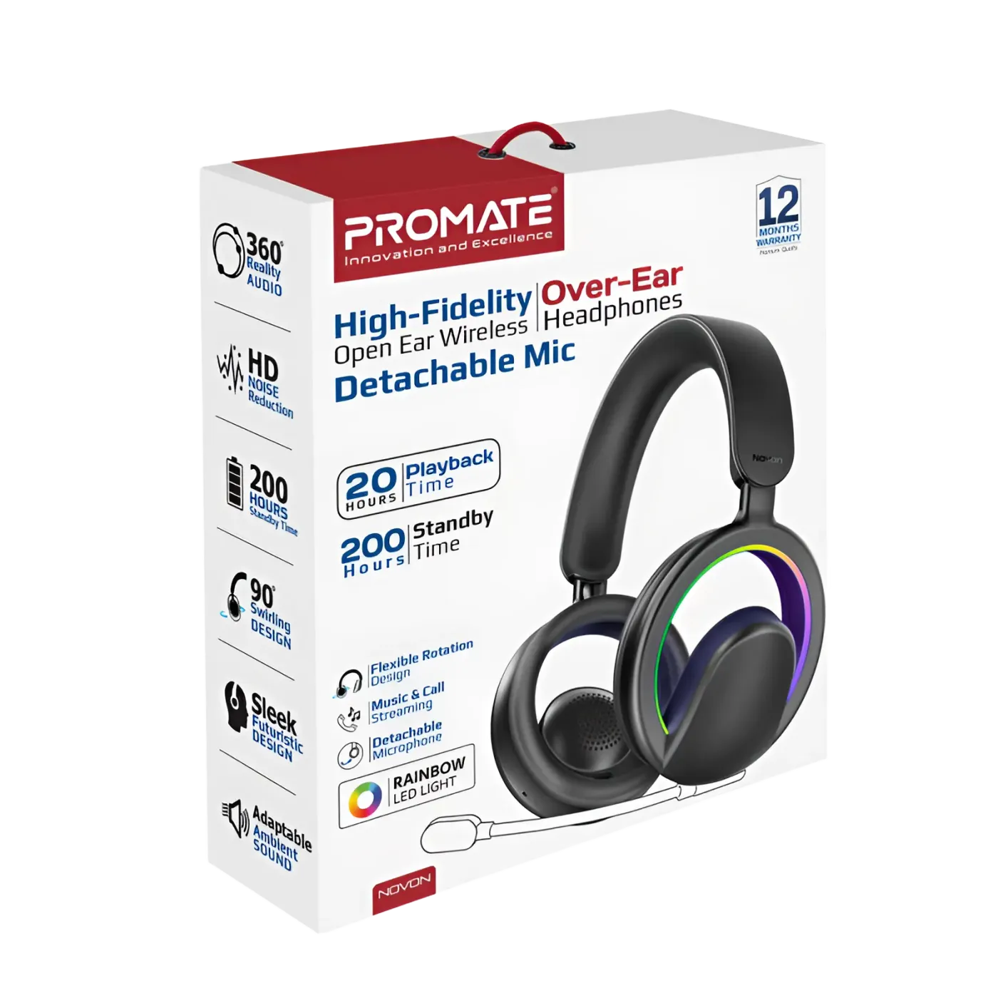 Ear cup of the black Promate NOVON headphones showing the driver housing