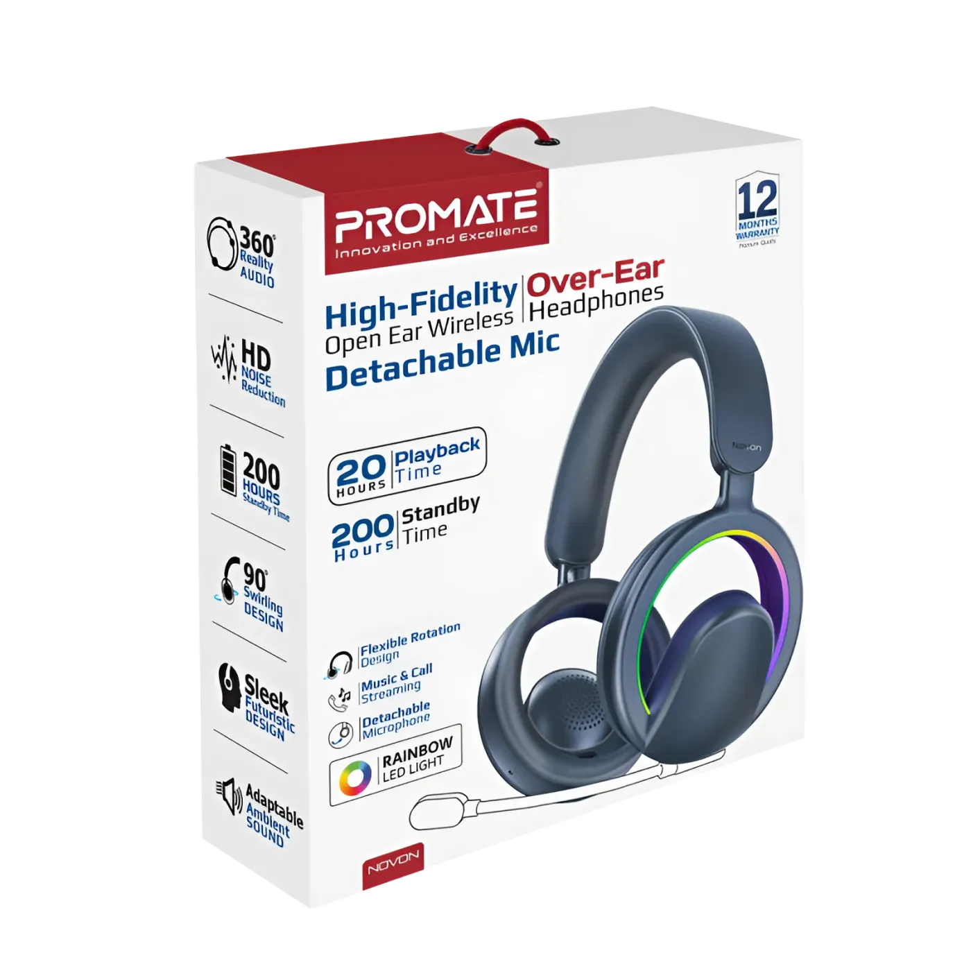 Ear cup of the blue Promate NOVON headphones showing the driver housing