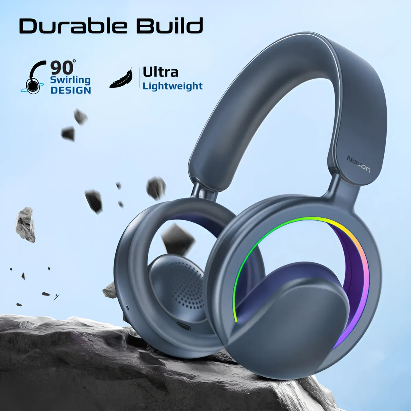 Integrated controls on the ear cup of the blue Promate NOVON headset