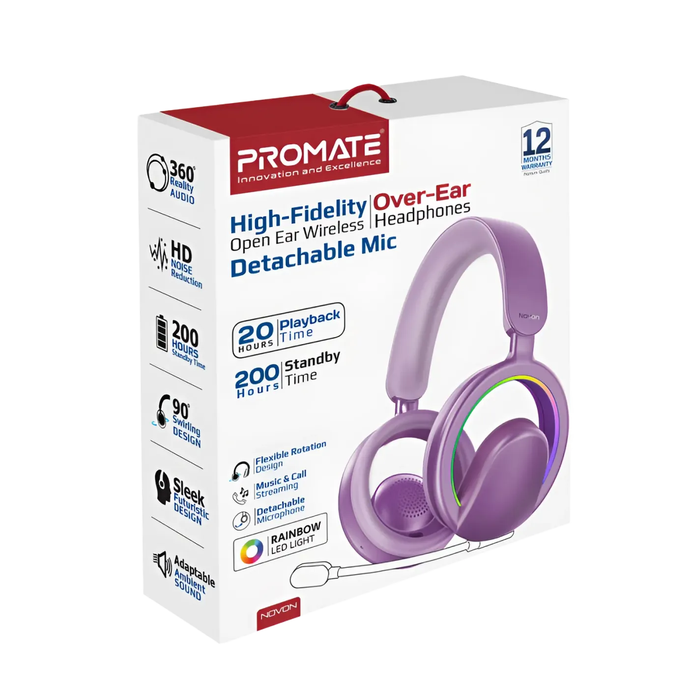 Ear cup of the purple Promate NOVON headphones showing the driver housing