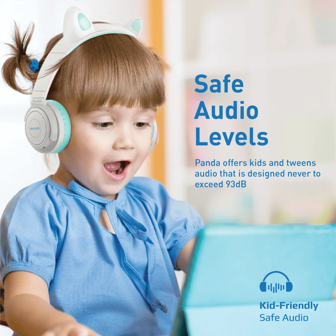Promate Panda KidSafe wireless headset in aqua with illuminated LED cat ears