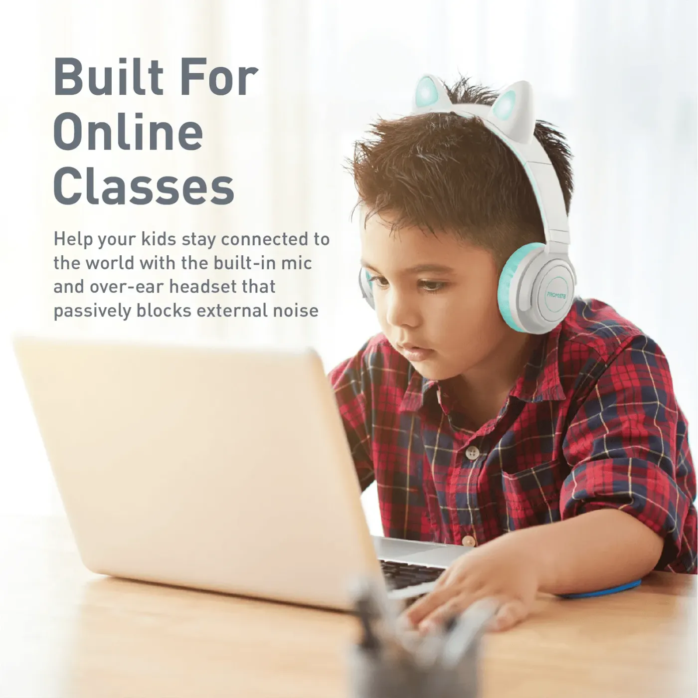 Aqua Panda KidSafe headset showing the cat ears and on-cup controls