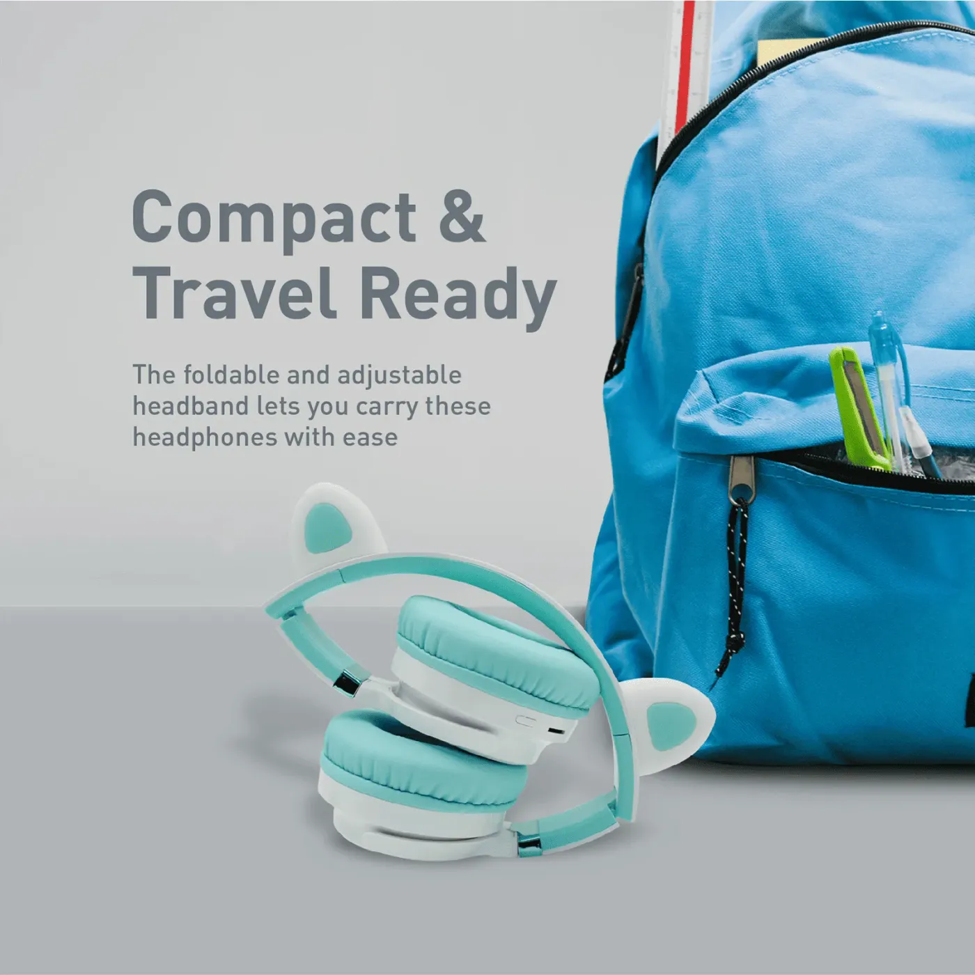 Panda KidSafe kids headset in aqua with cushioned earpads and adjustable headband