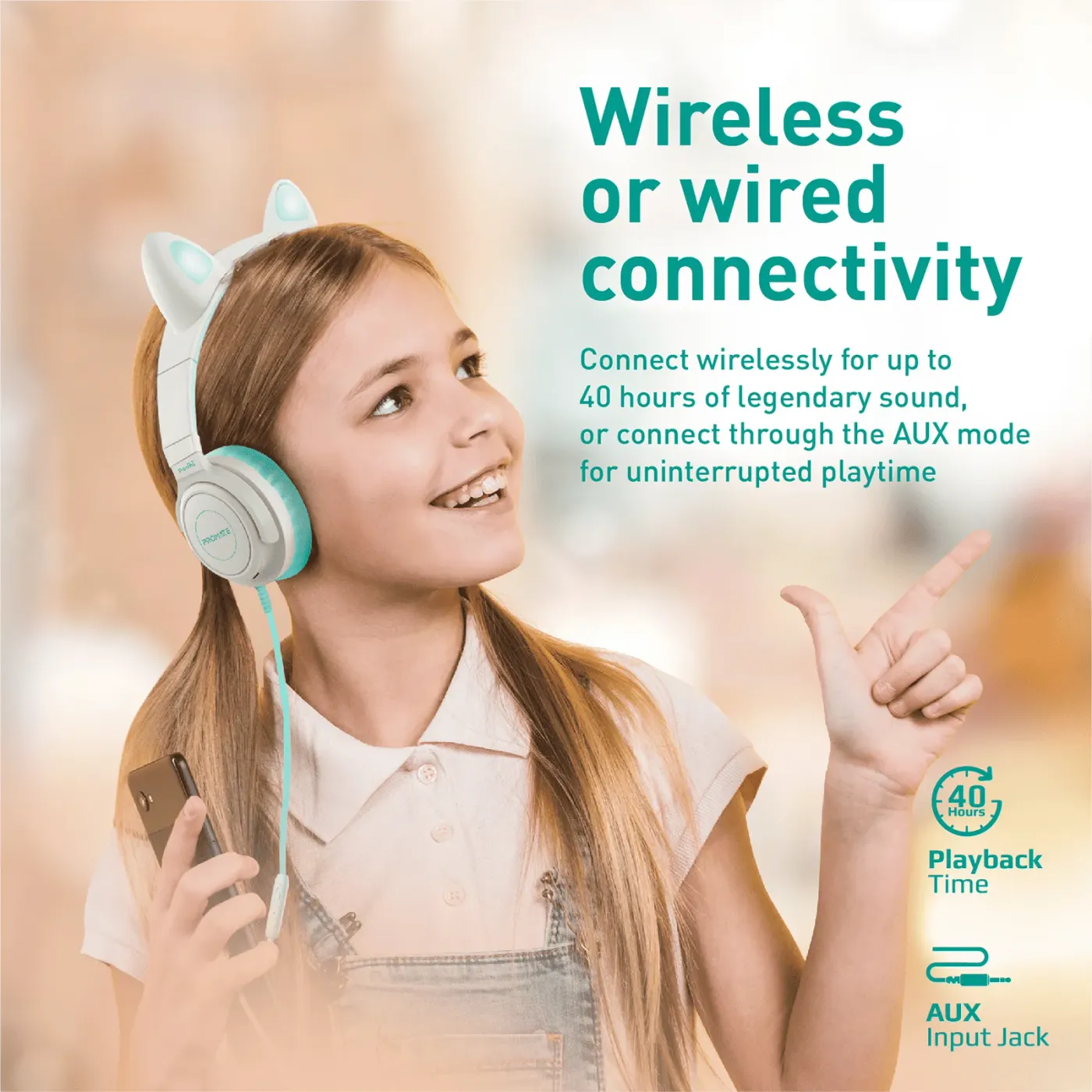 Child wearing the Promate Panda KidSafe wireless headset while listening to music
